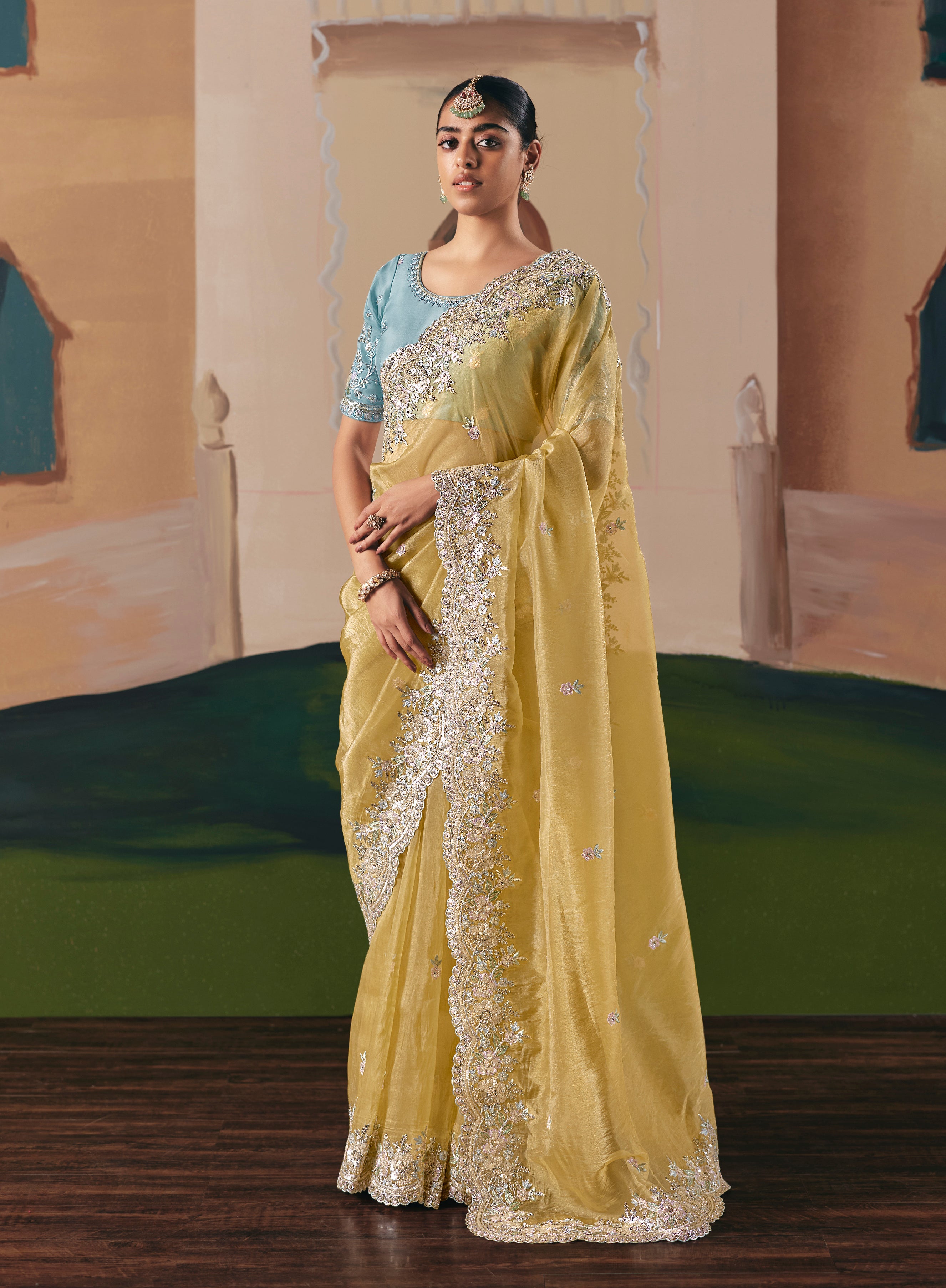 Embroidered Pastel Yellow Fancy Fabric Party Designer Saree