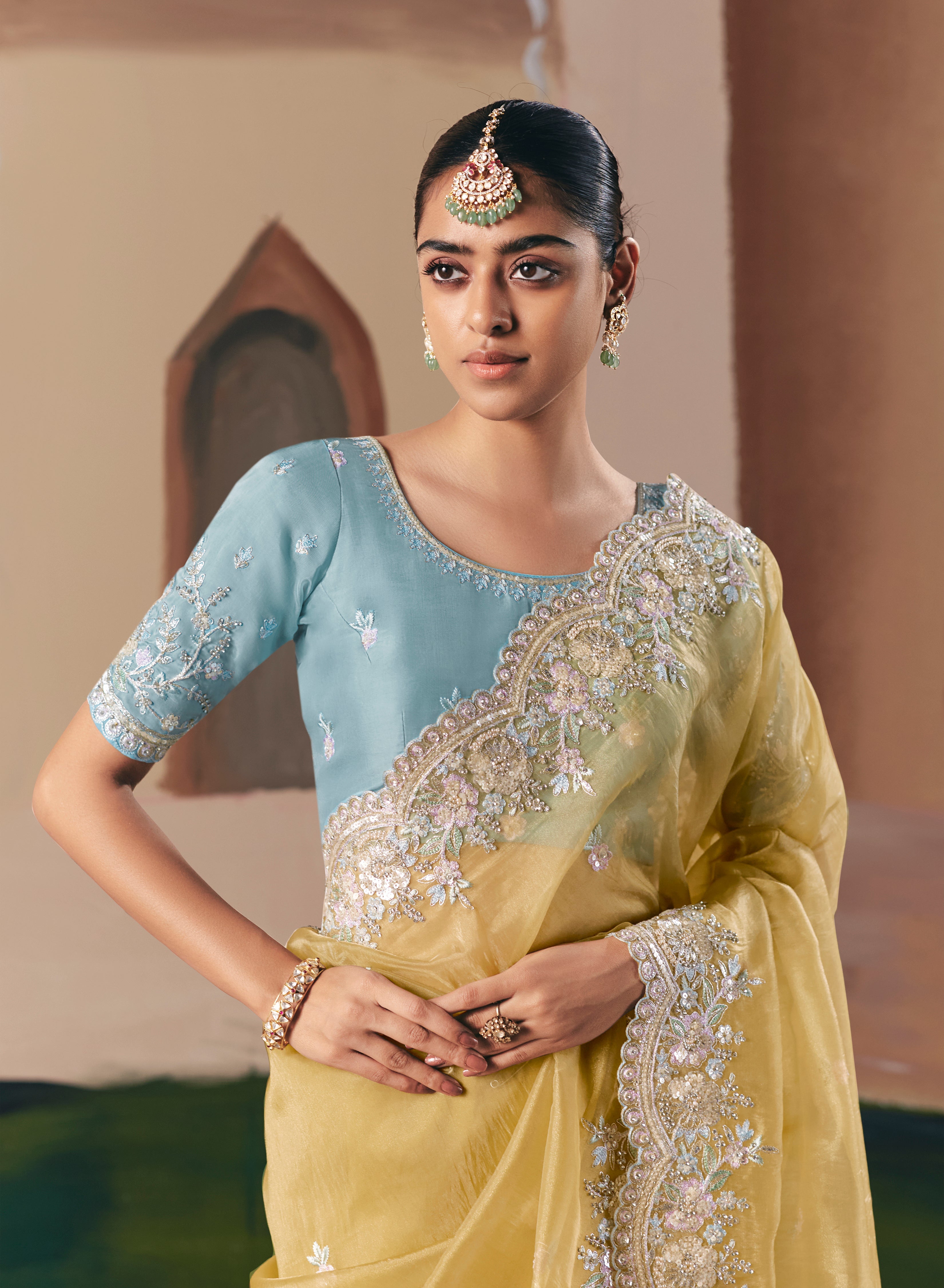 Embroidered Pastel Yellow Fancy Fabric Party Designer Saree