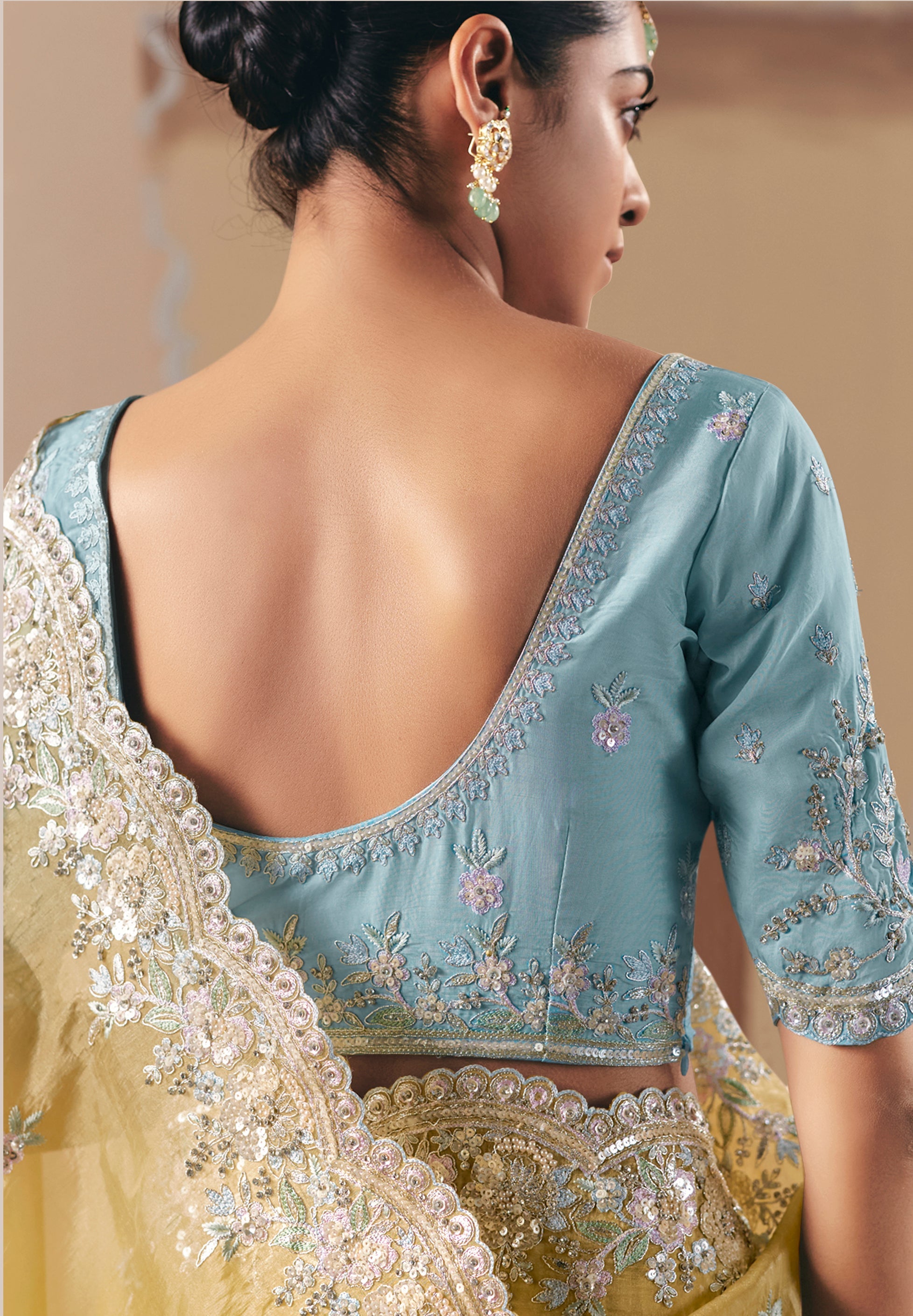Embroidered Pastel Yellow Fancy Fabric Party Designer Saree