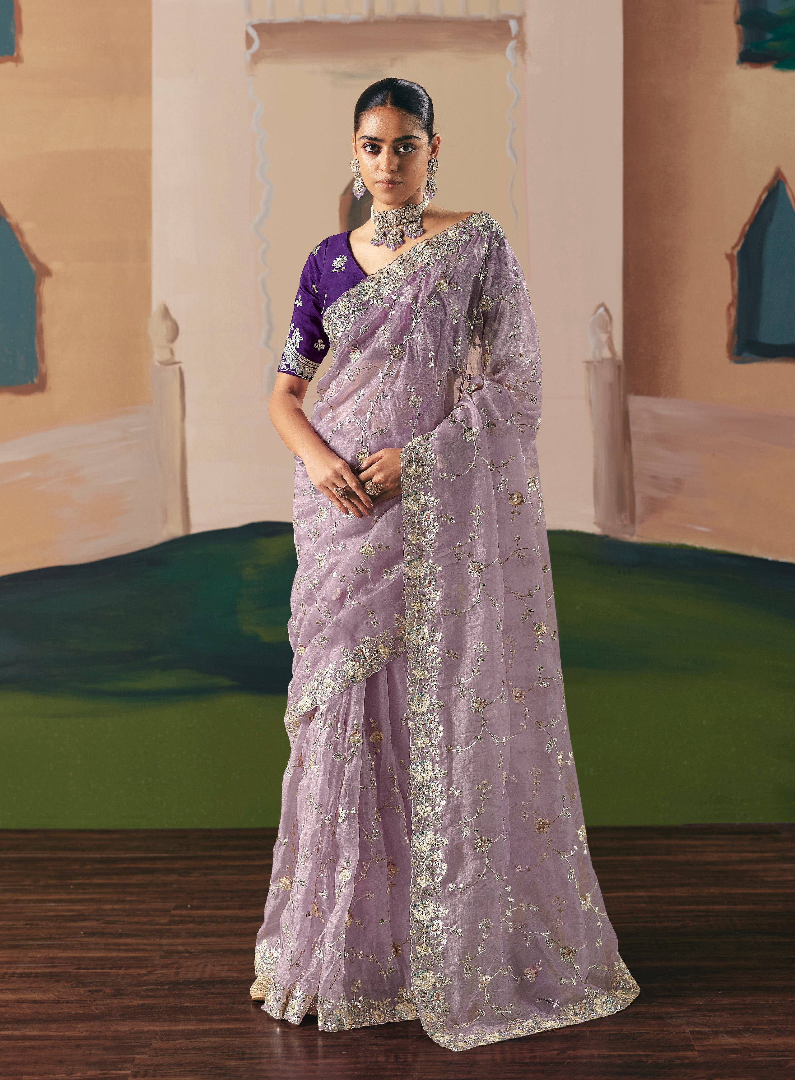 Embroidered Lilac Fancy Fabric Party Designer Saree