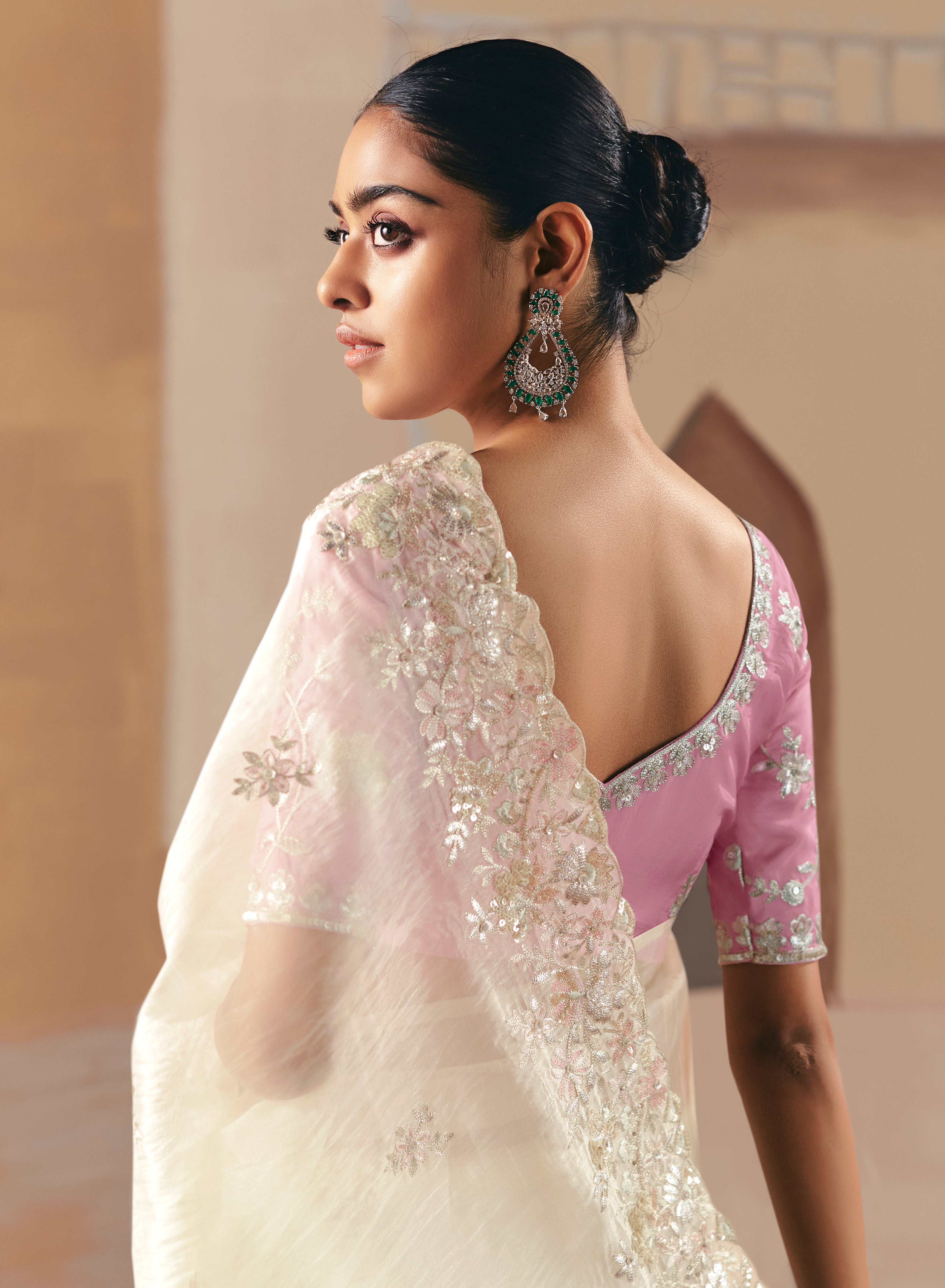 Embroidered Off White Fancy Fabric Party Designer Saree