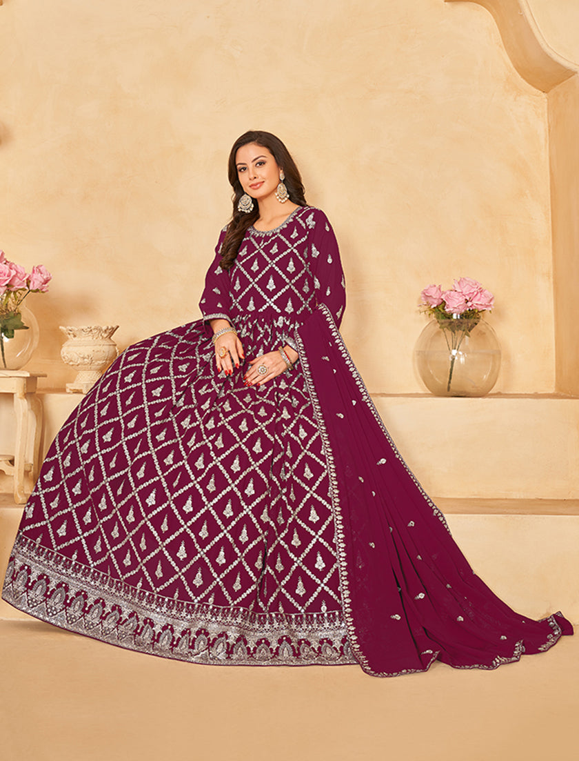 Wine Georgette Embroidered Party Wear Salwar Suit - Monjolika Fashion