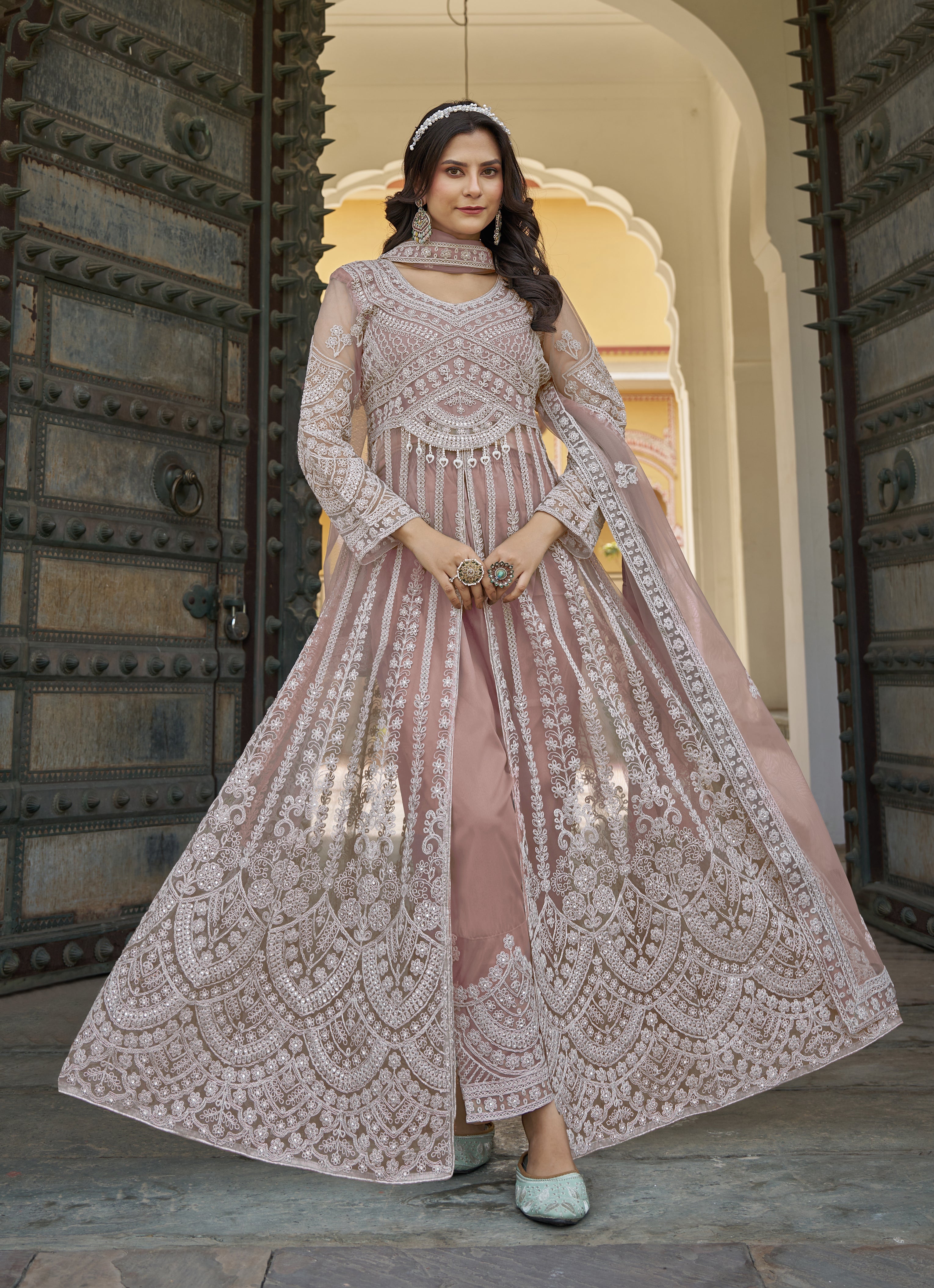 Embroidered Peach Net Reception Designer Salwar Suit