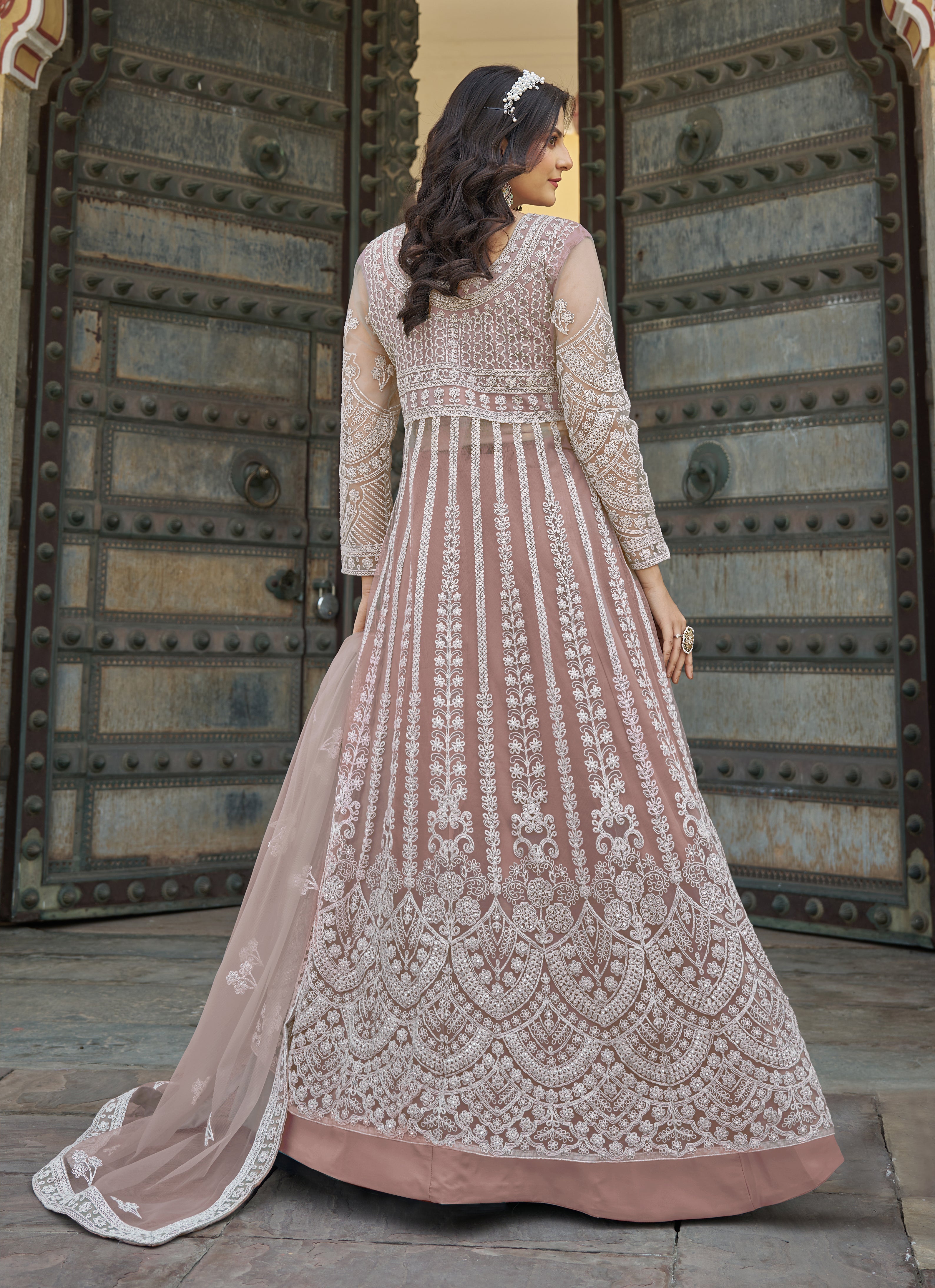 Embroidered Peach Net Reception Designer Salwar Suit