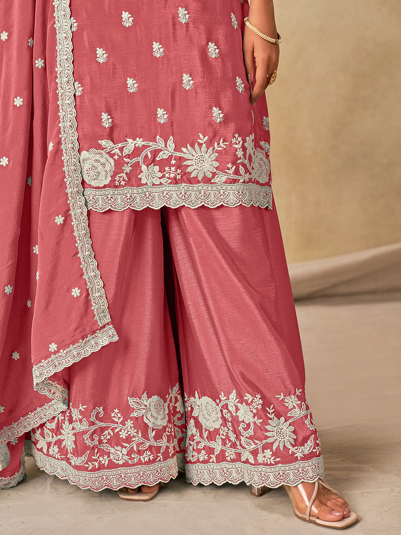 Embroidered Pink Chinon Silk Palazzo Salwar Suit