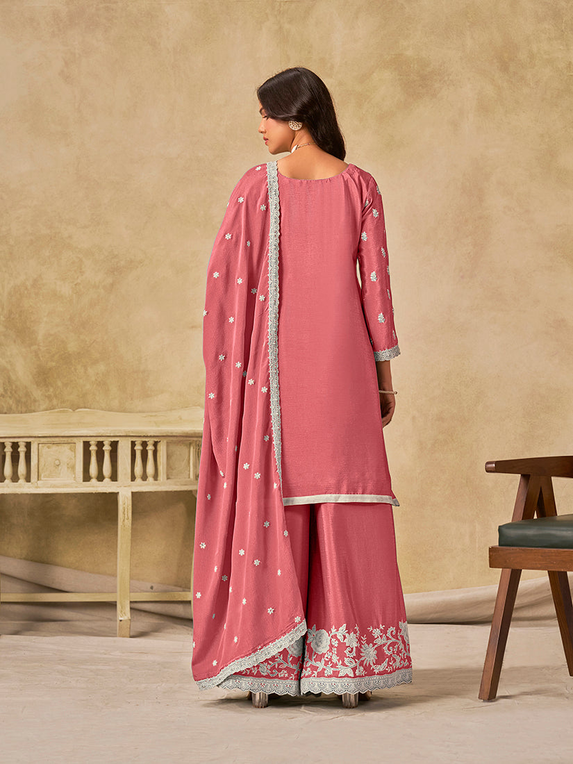 Embroidered Pink Chinon Silk Palazzo Salwar Suit