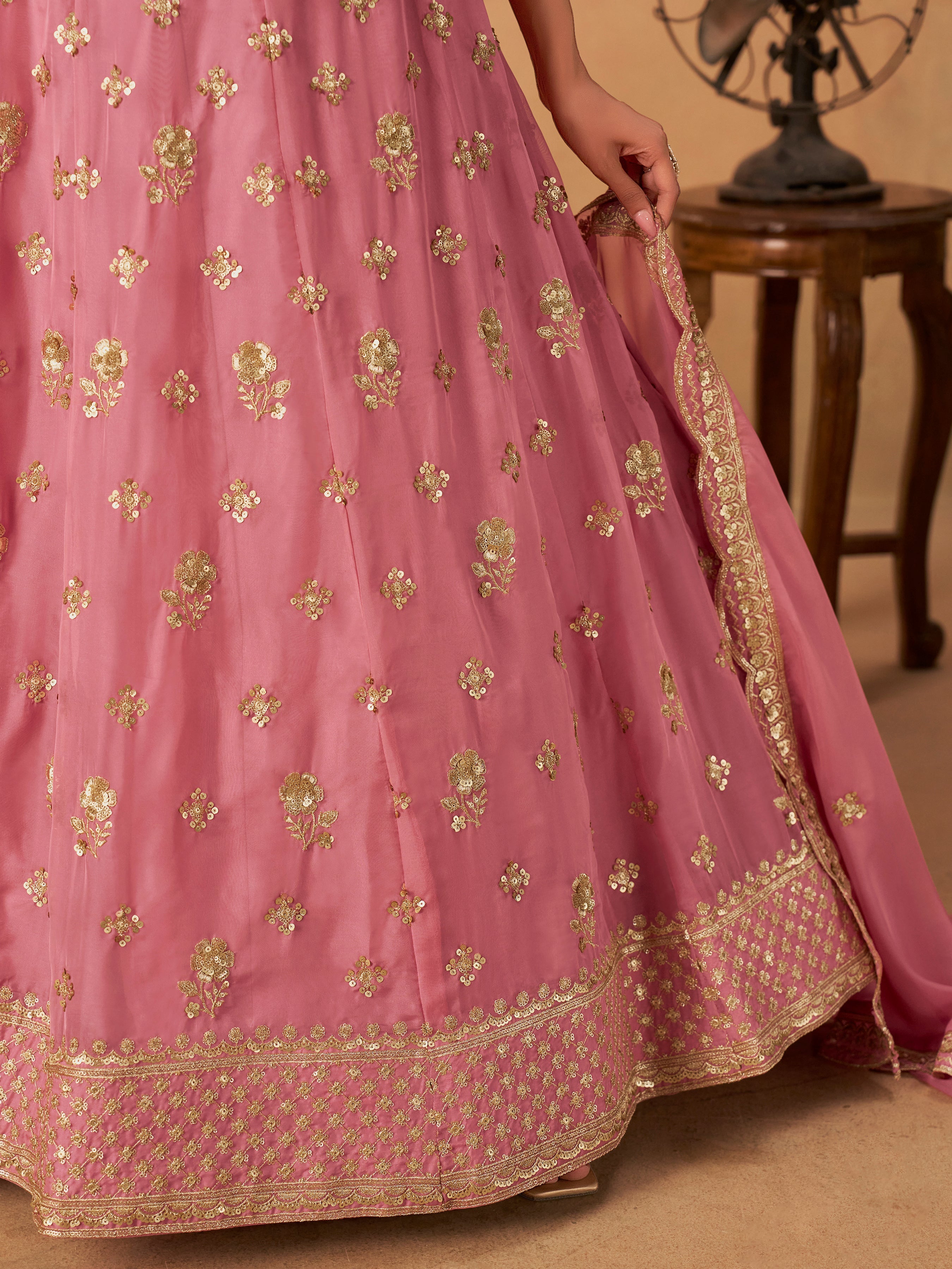 Embroidered Pink Organza Trendy Lehenga Choli