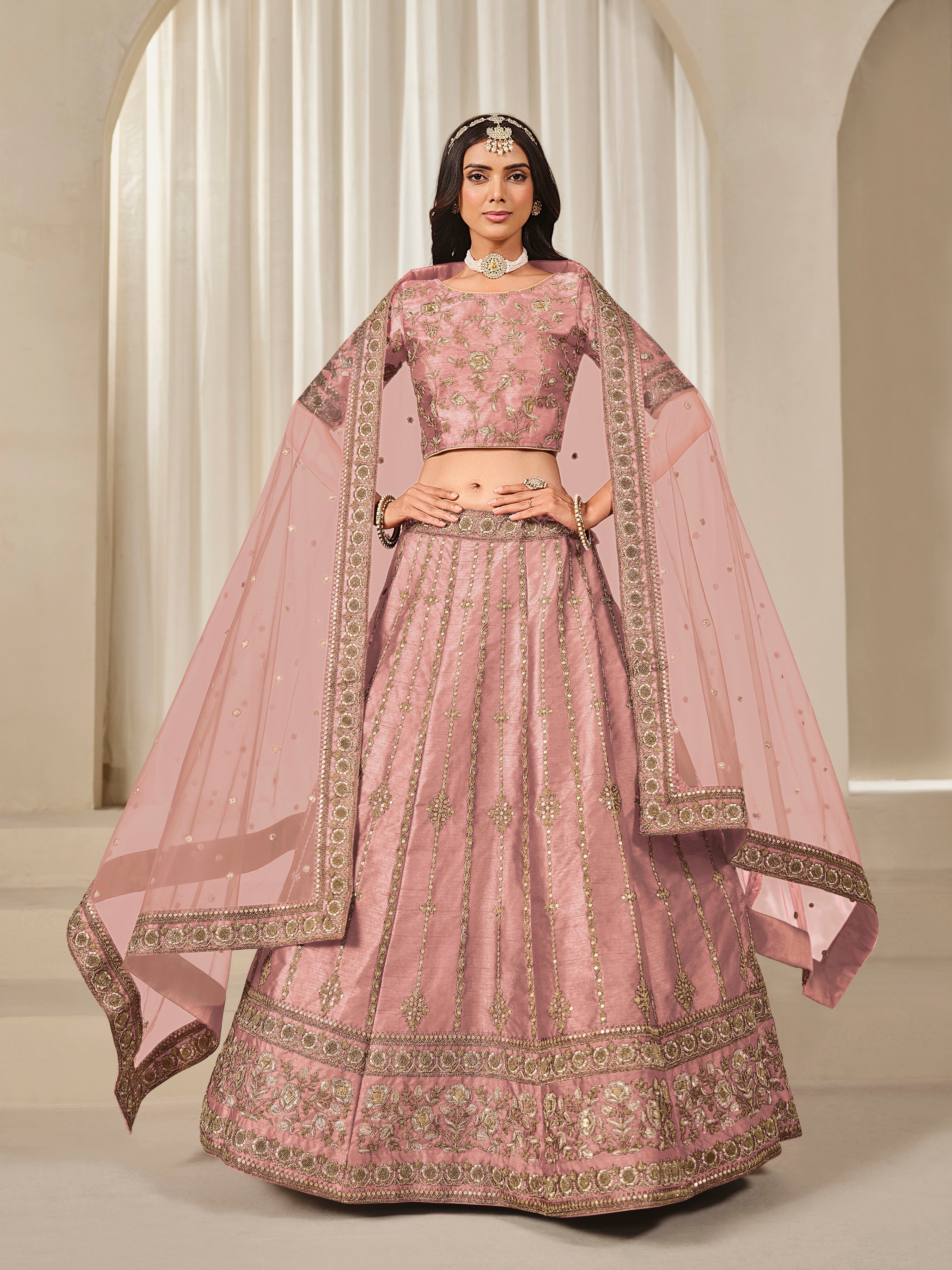 Embroidered Pink Reception Art Silk A Line Lehenga Choli