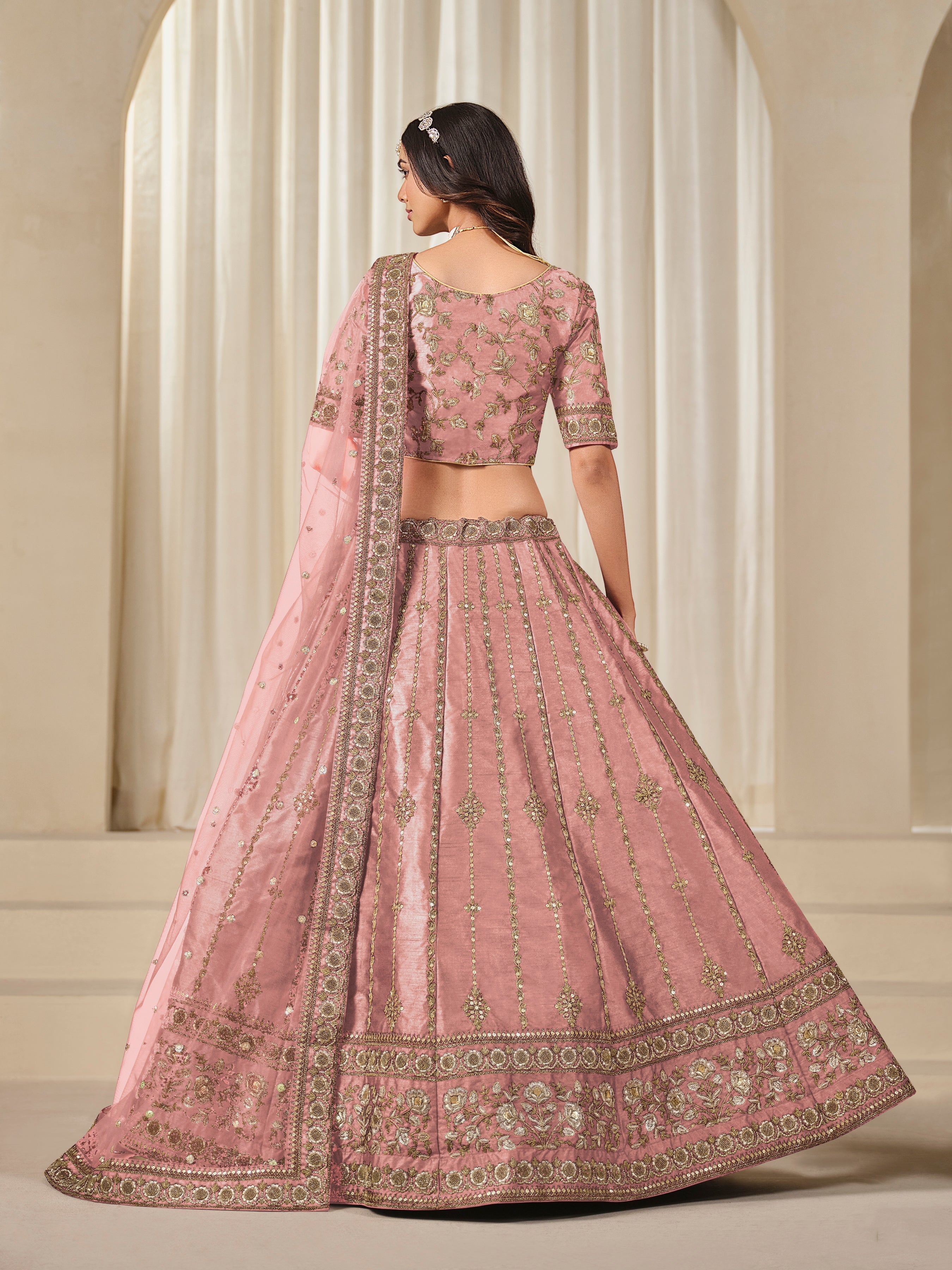 Embroidered Pink Reception Art Silk A Line Lehenga Choli
