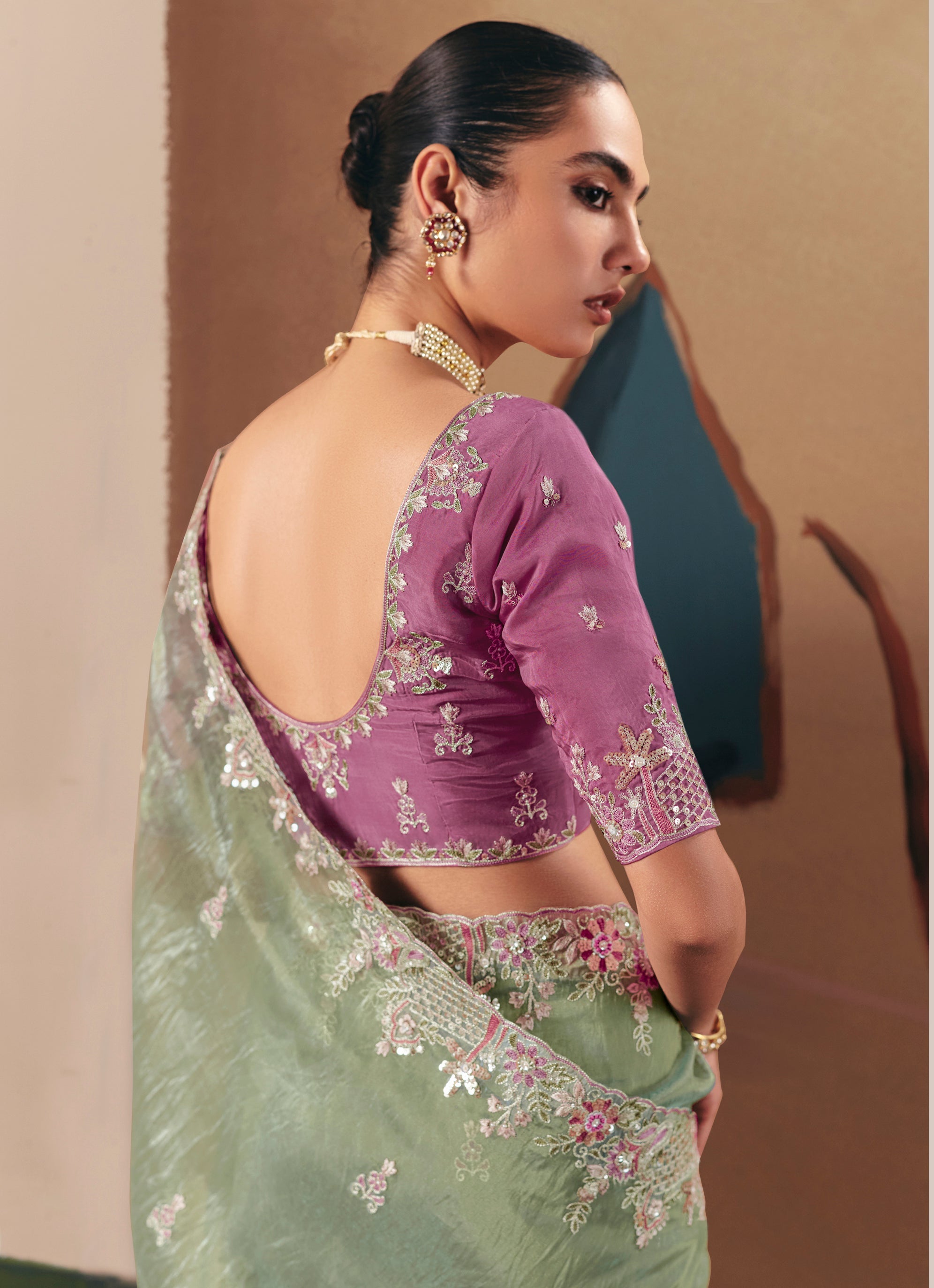 Embroidered Pista Green Fancy Fabric Party Designer Saree