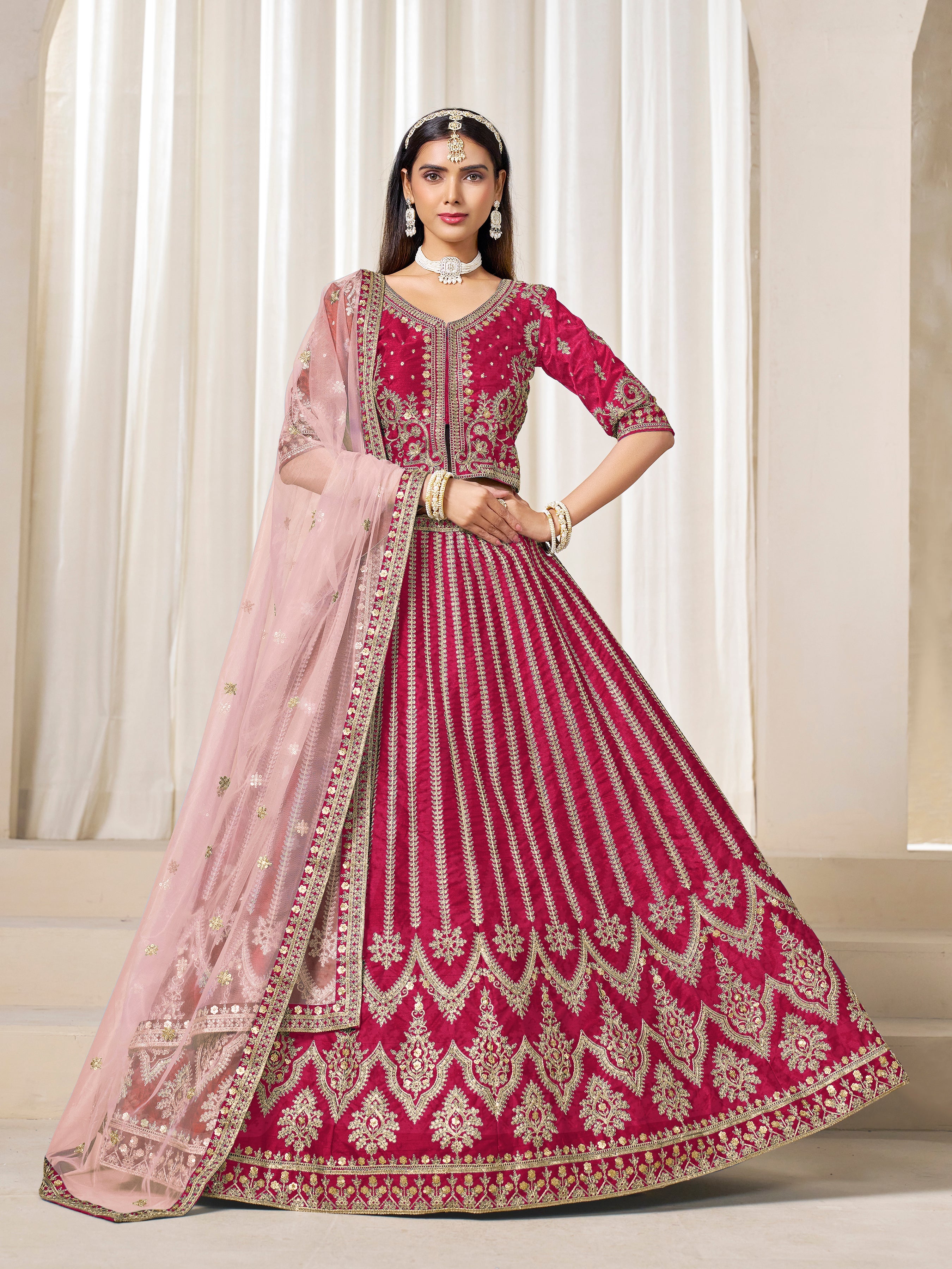 Embroidered Rani Pink Art Silk Designer Long Lehenga Choli