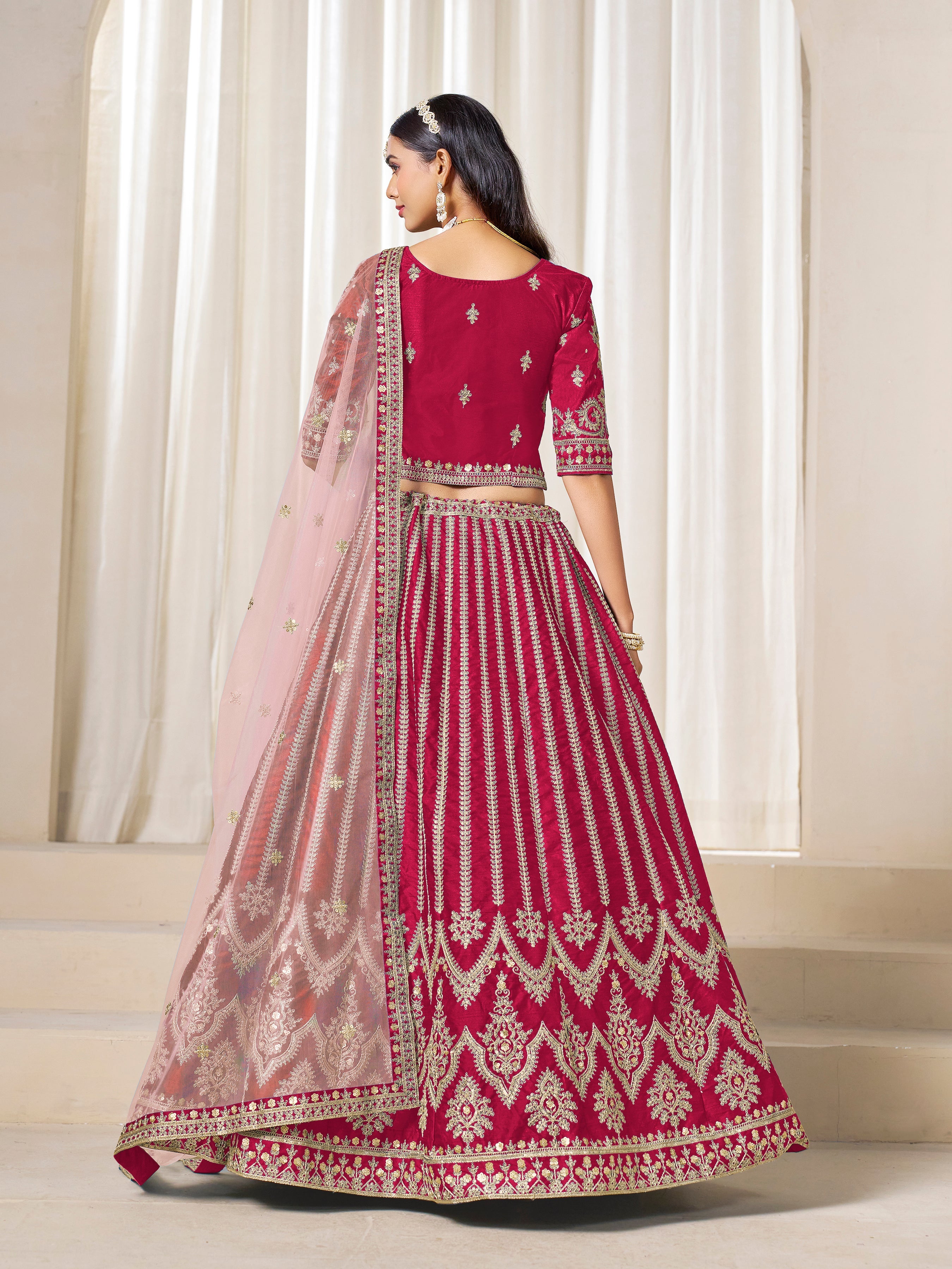 Embroidered Rani Pink Art Silk Designer Long Lehenga Choli