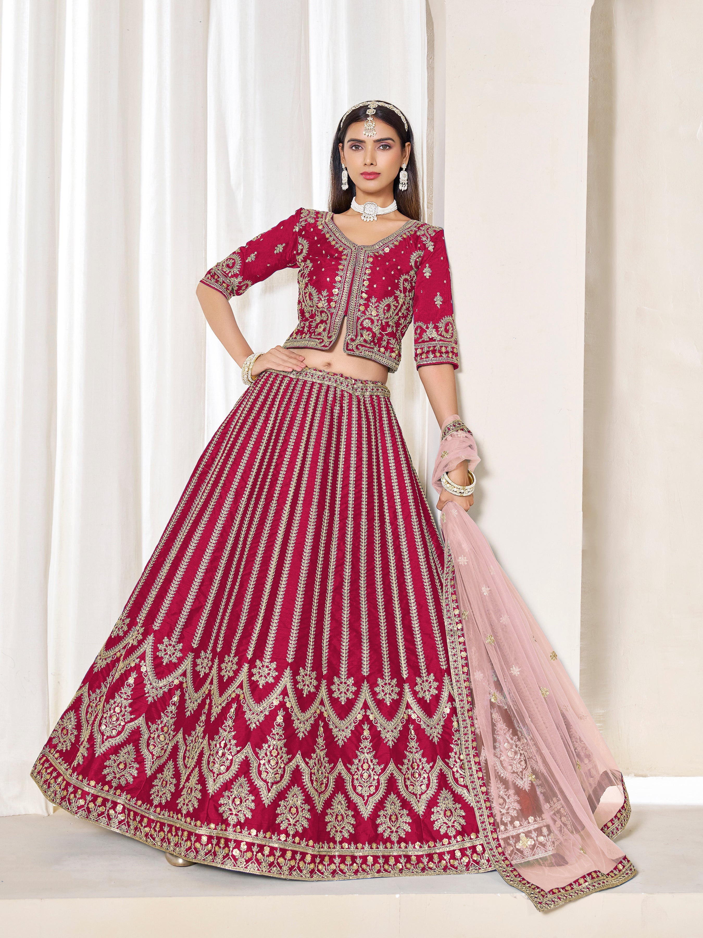 Embroidered Rani Pink Art Silk Designer Long Lehenga Choli
