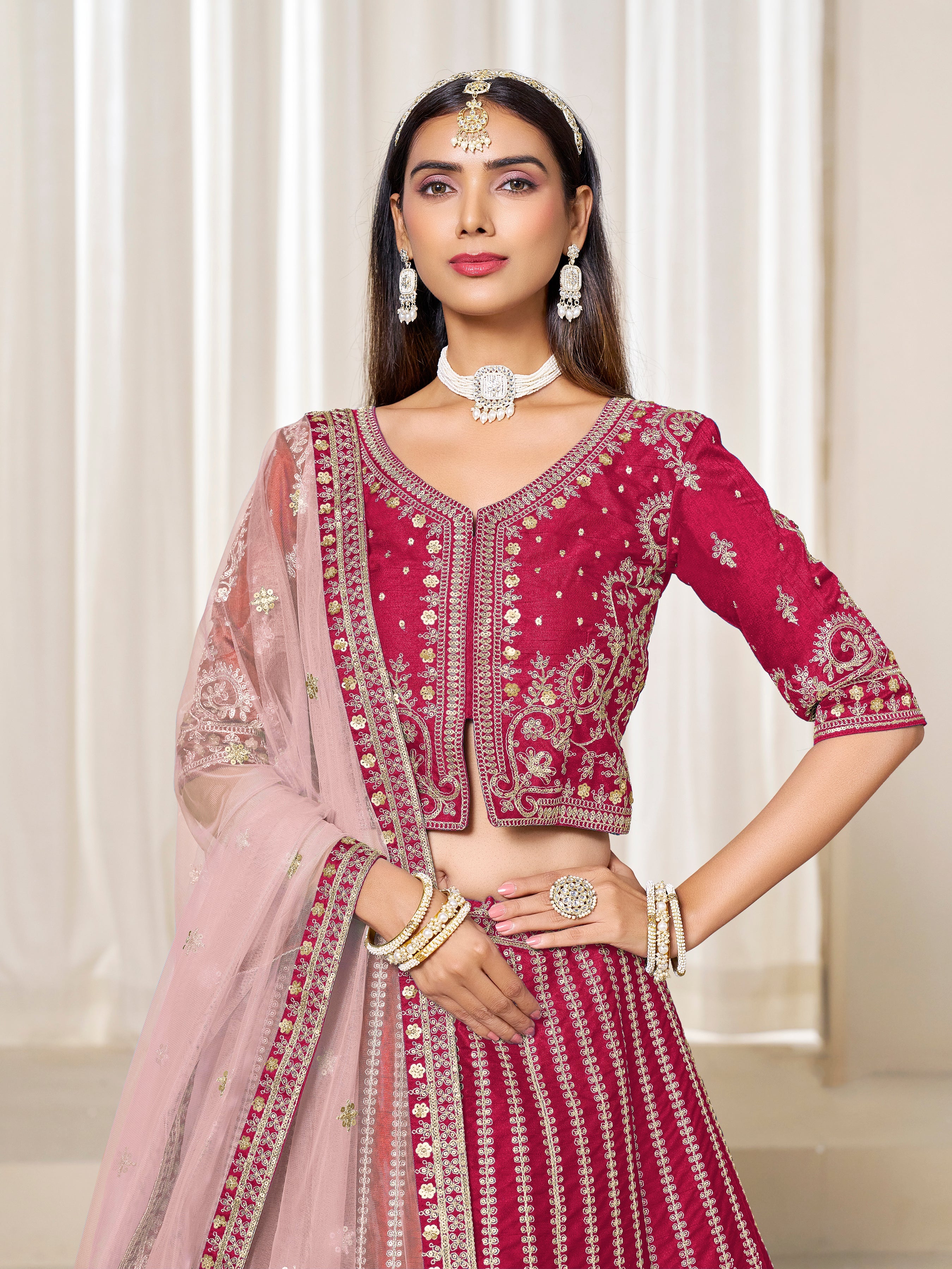 Embroidered Rani Pink Art Silk Designer Long Lehenga Choli