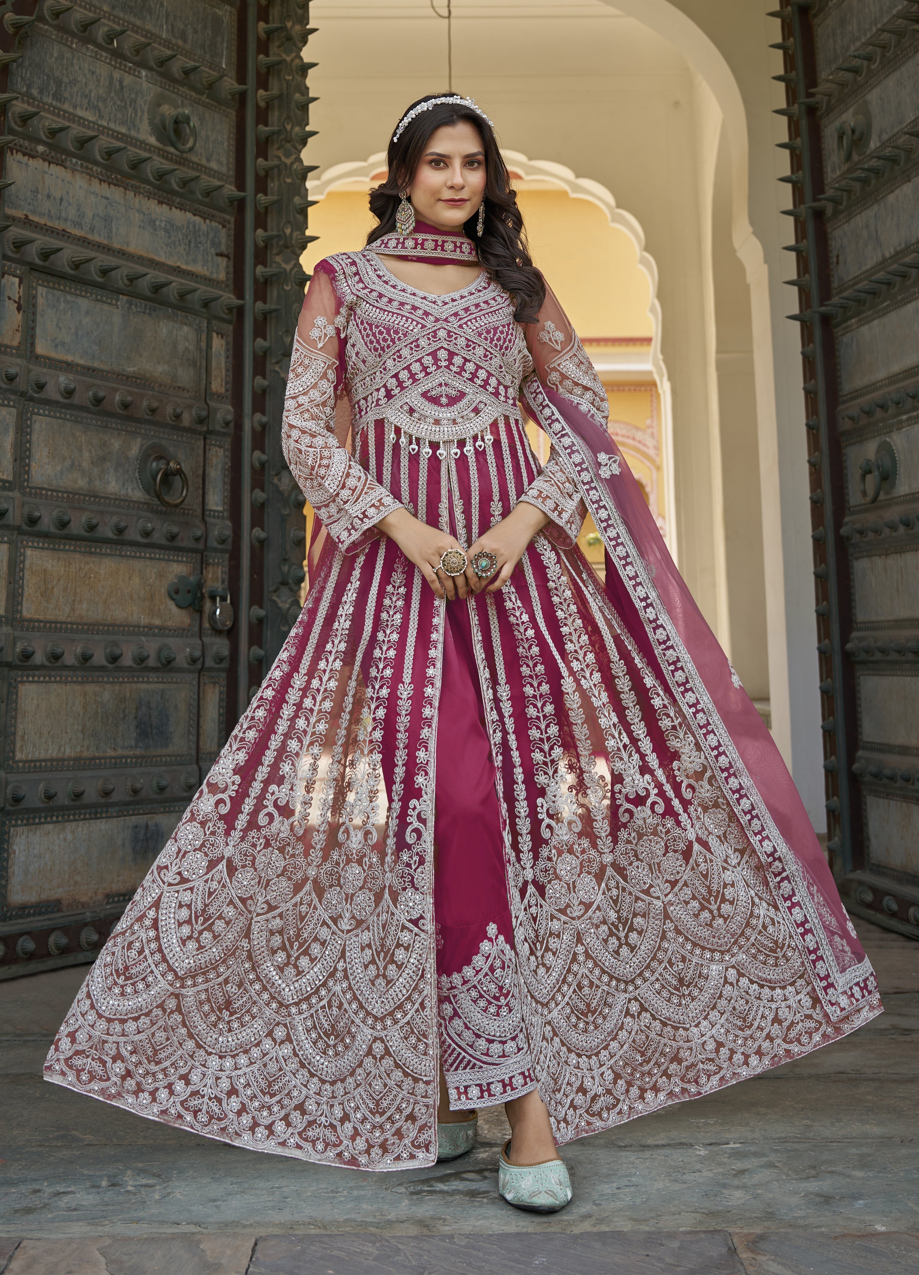 Embroidered Rani Pink Net Reception Designer Salwar Suit