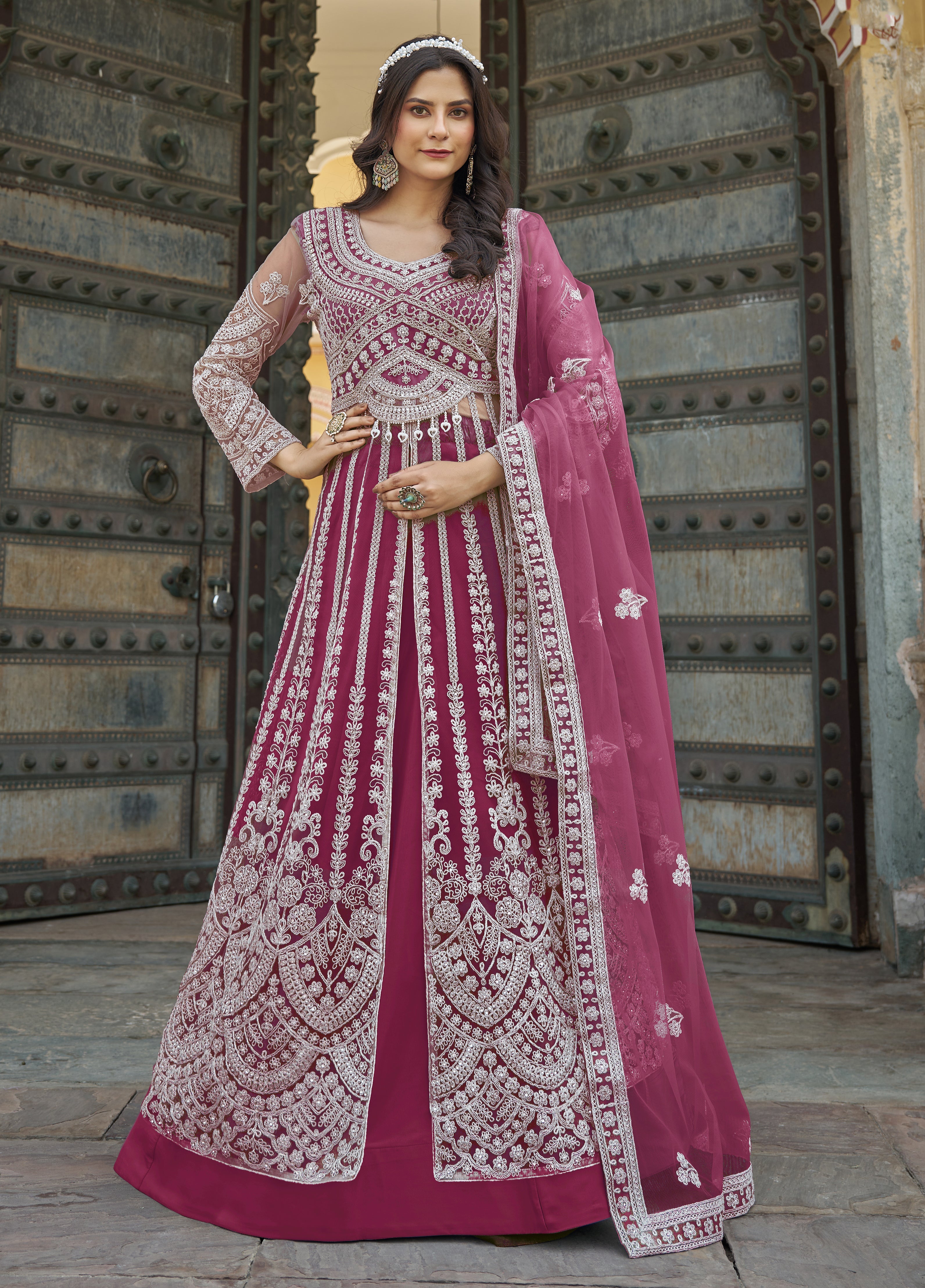 Embroidered Rani Pink Net Reception Designer Salwar Suit