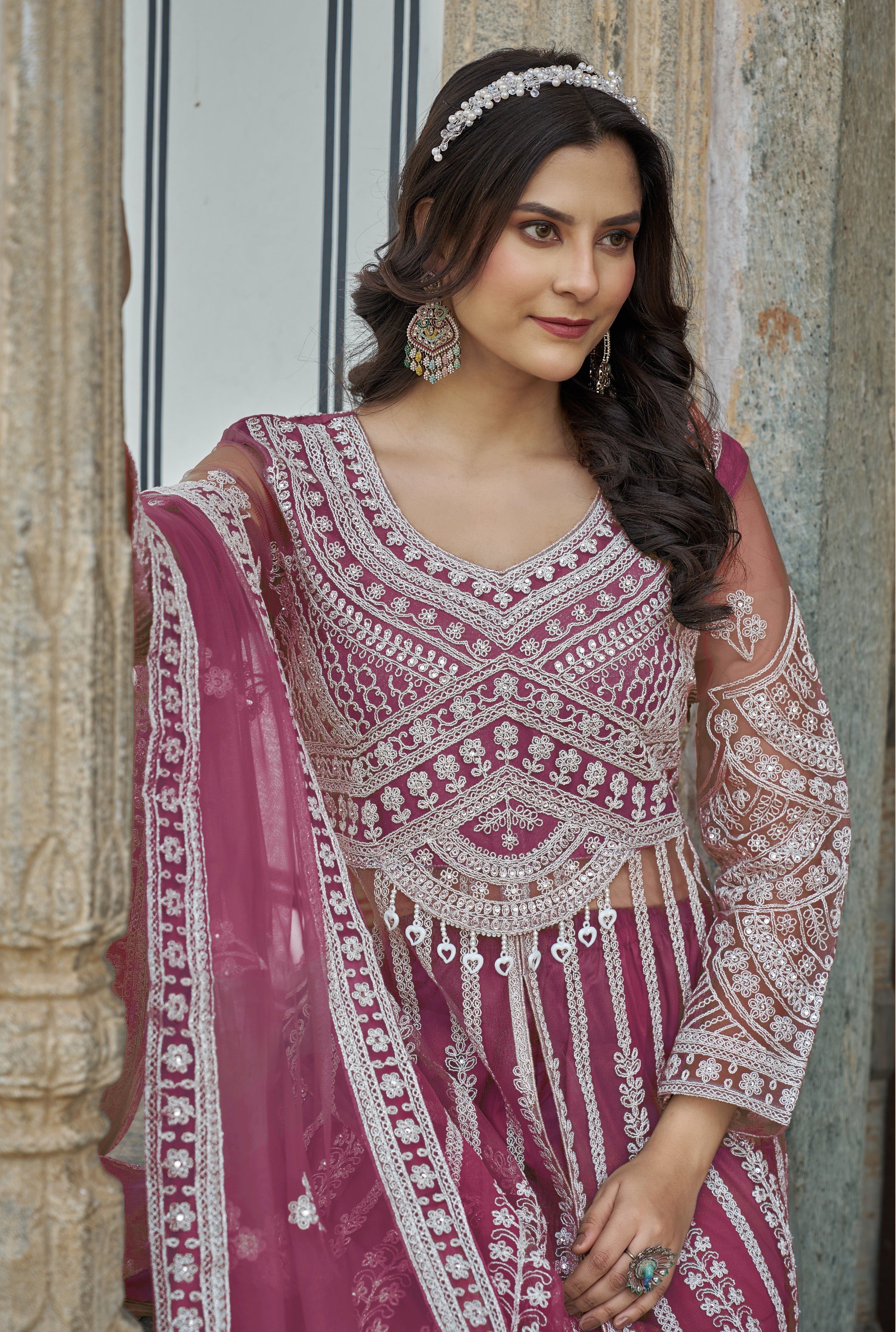 Embroidered Rani Pink Net Reception Designer Salwar Suit