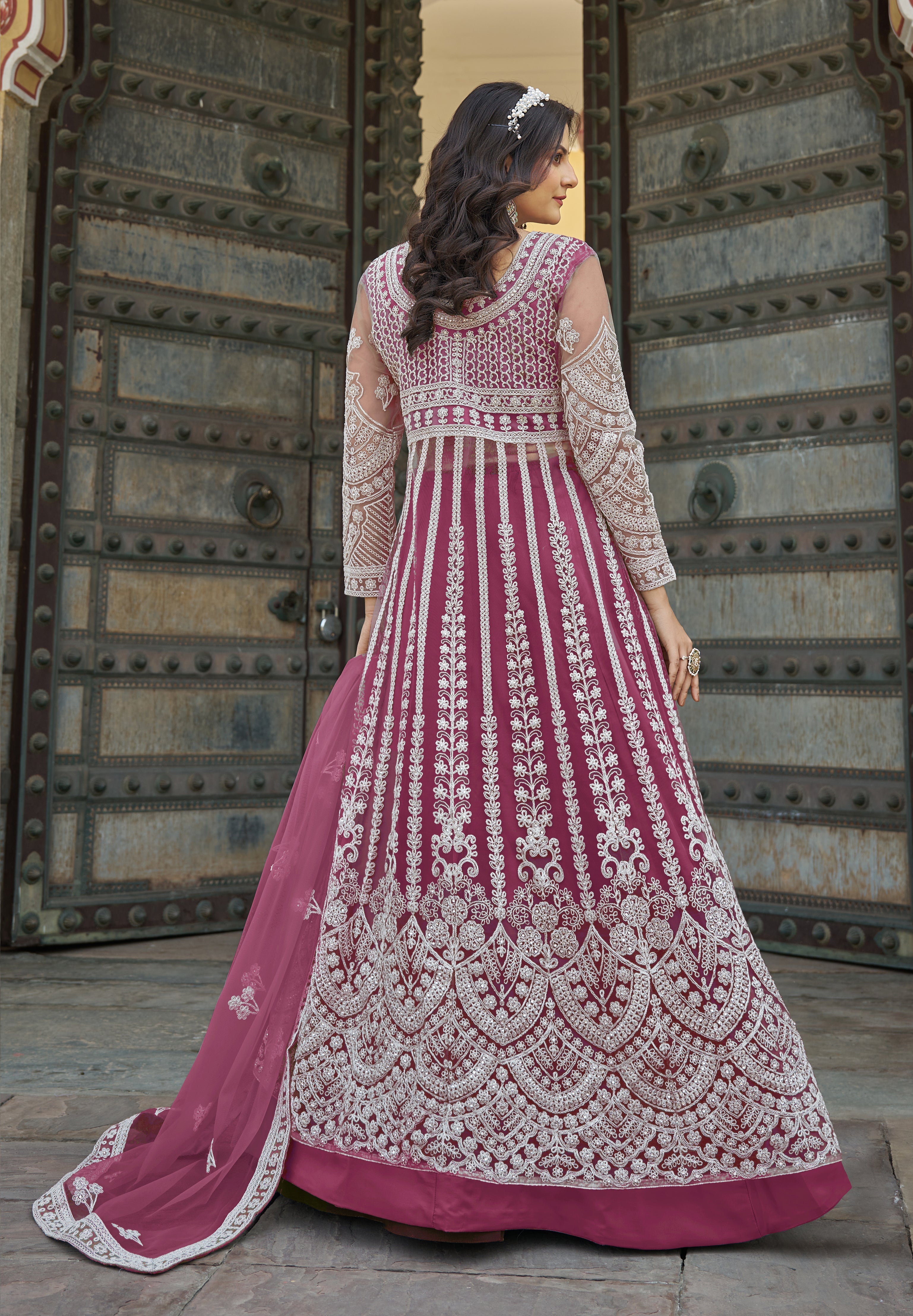 Embroidered Rani Pink Net Reception Designer Salwar Suit
