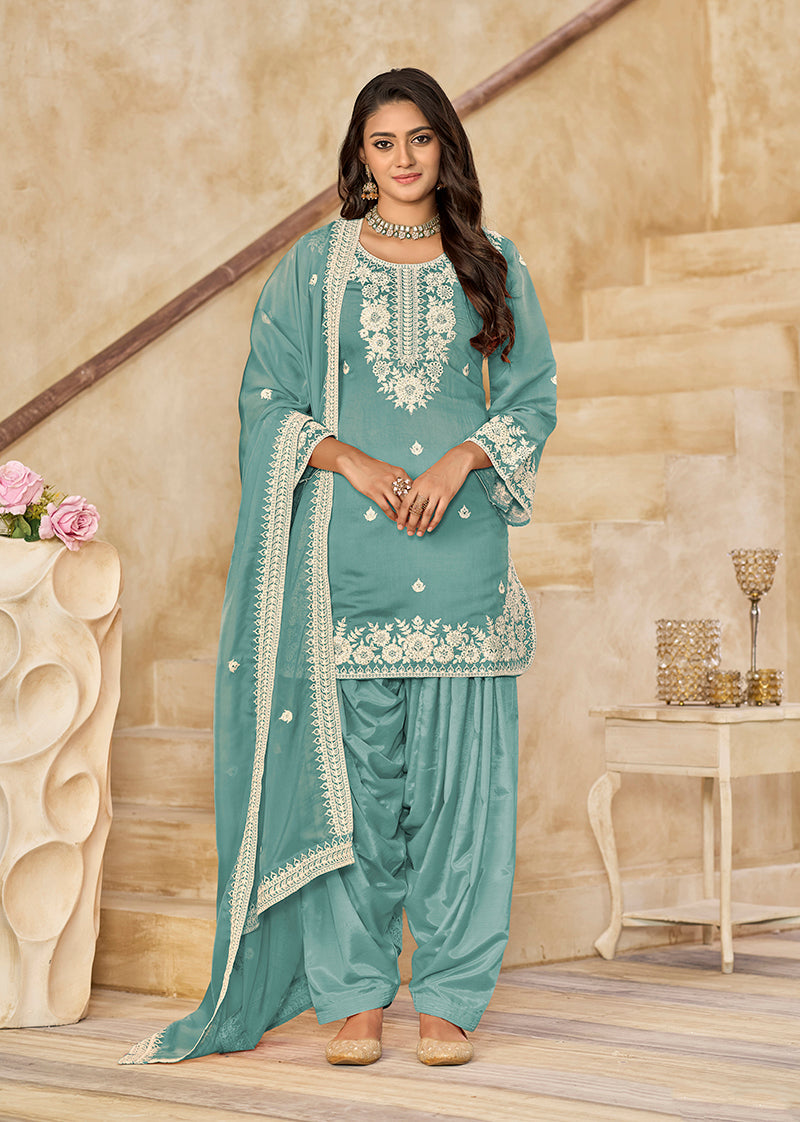 Embroidered  Roman Silk Patiala Salwar Kameez in Turquoise