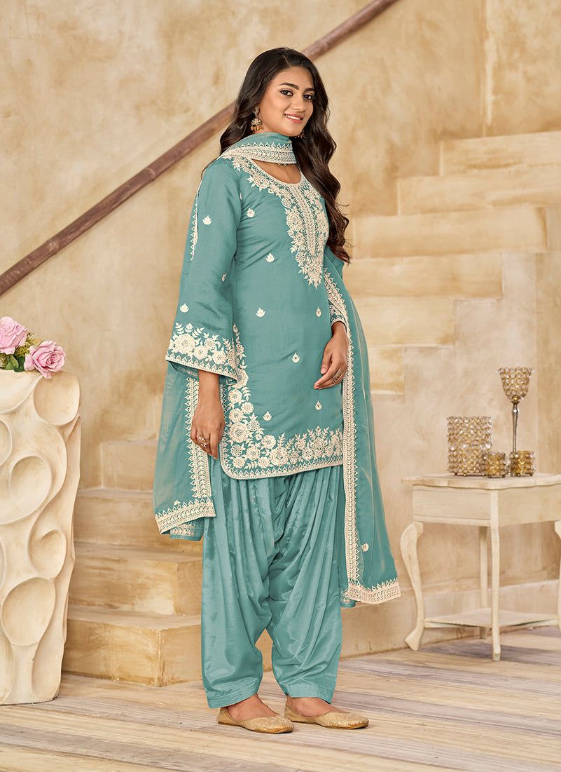 Embroidered  Roman Silk Patiala Salwar Kameez in Turquoise