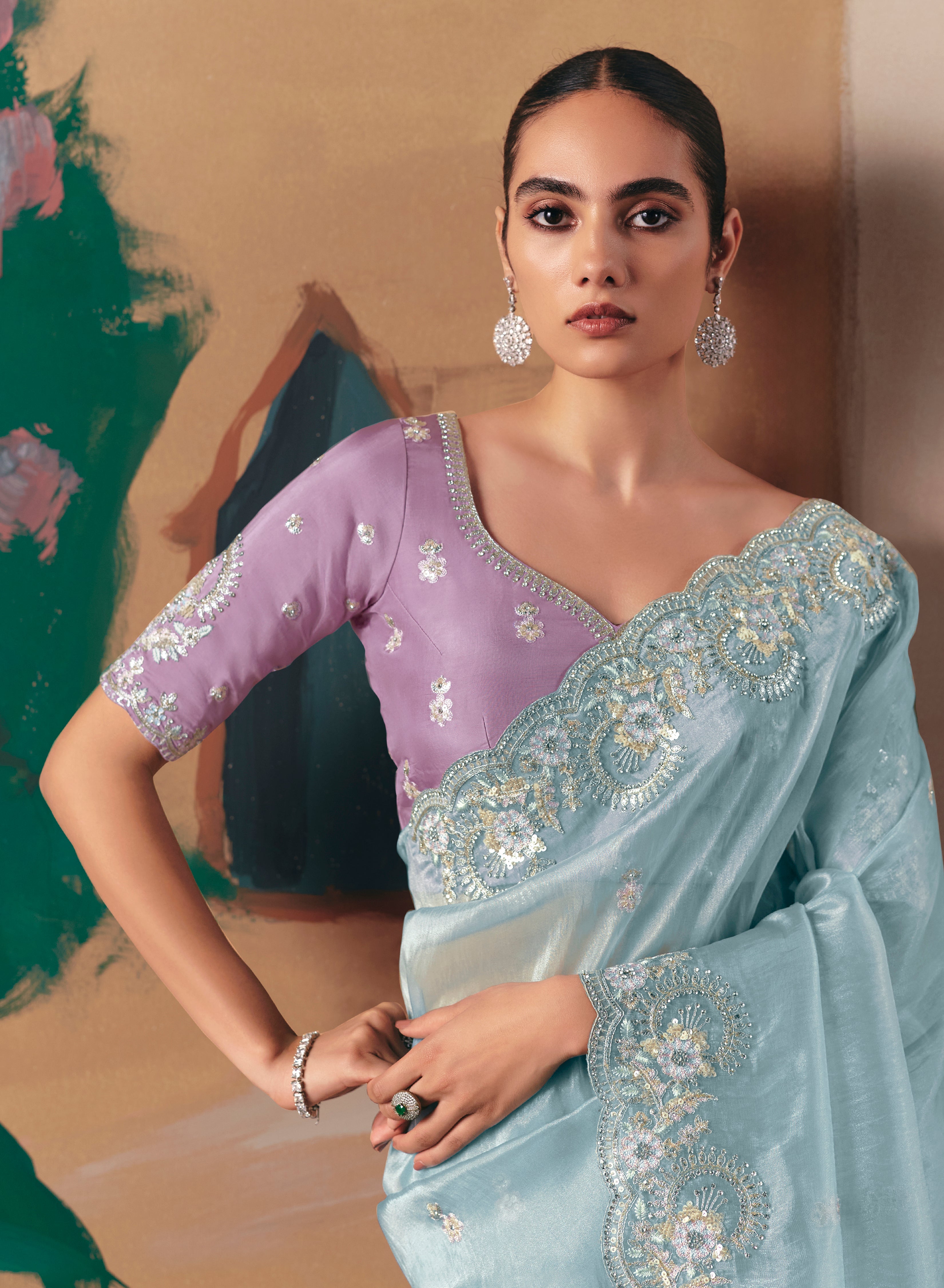 Embroidered Sky Blue Fancy Fabric Party Designer Saree