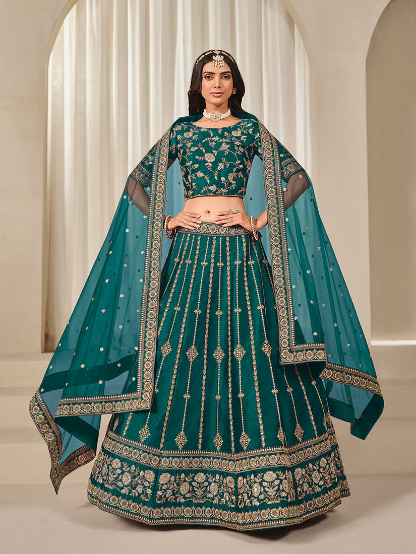 Teal Embroidered Art Silk Ceremonial Lehenga Choli