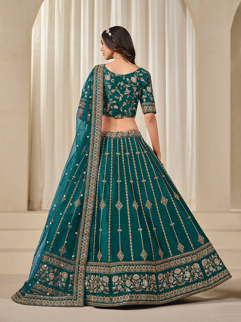 Teal Embroidered Art Silk Ceremonial Lehenga Choli