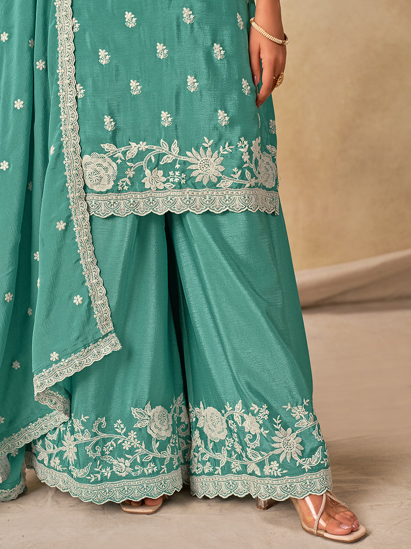 Embroidered Turquoise Chinon Silk Palazzo Salwar Suit