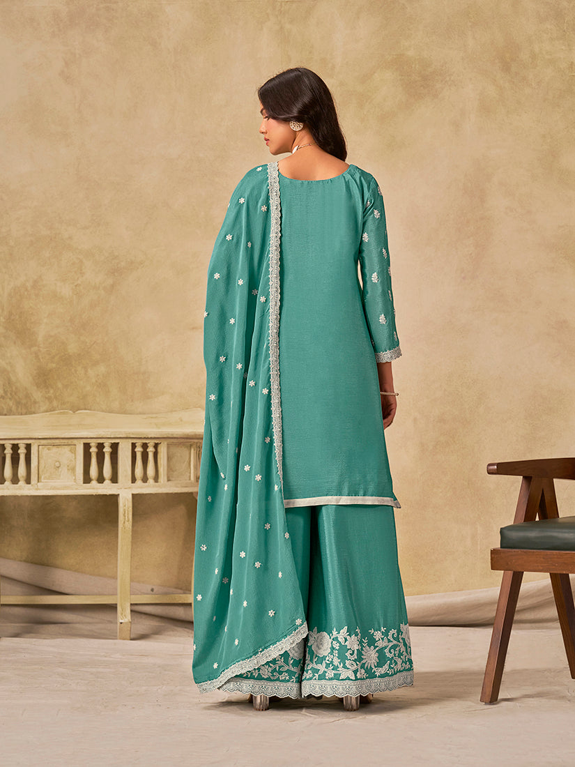 Embroidered Turquoise Chinon Silk Palazzo Salwar Suit