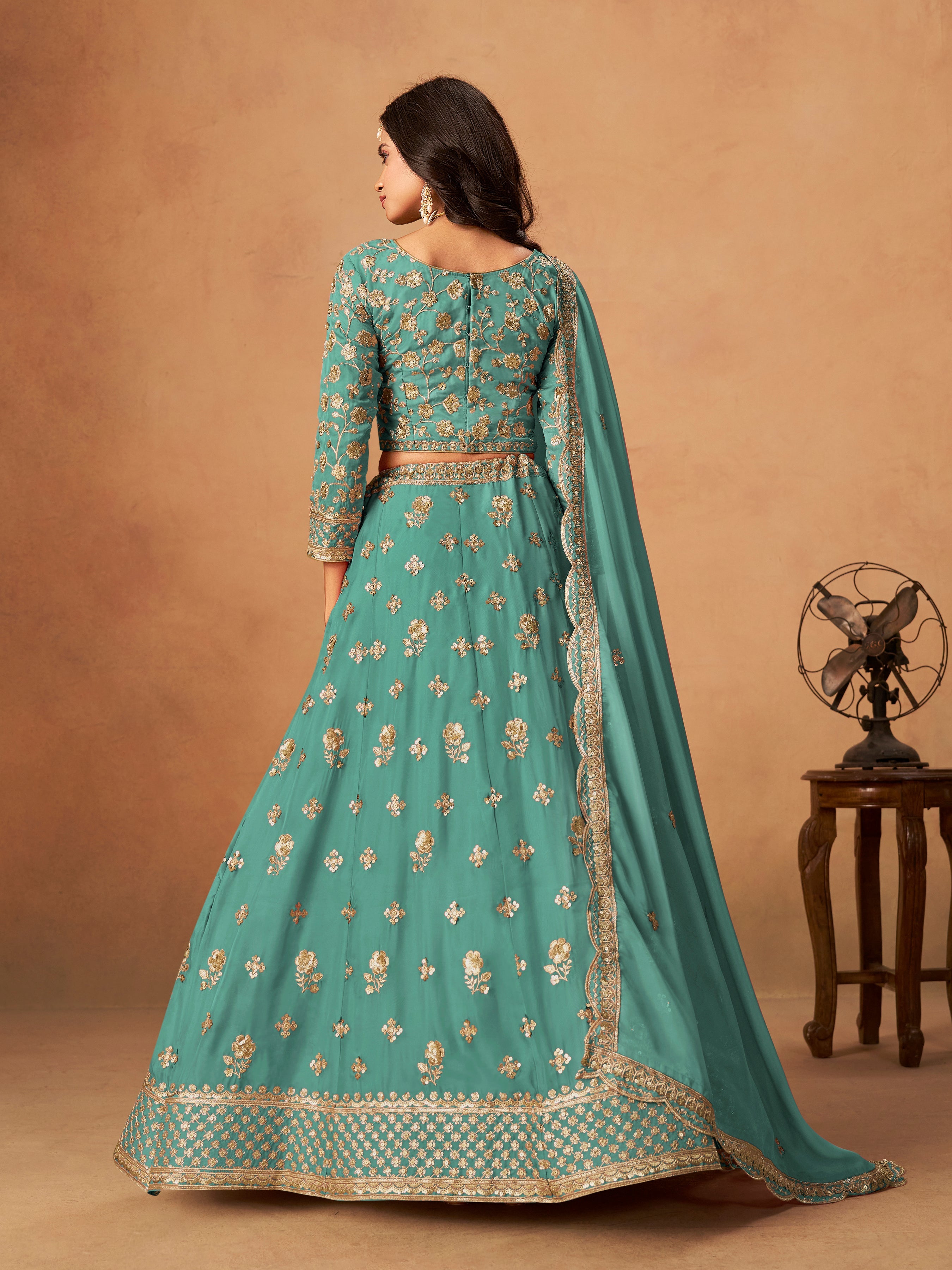 Embroidered Turquoise Organza Trendy Lehenga Choli