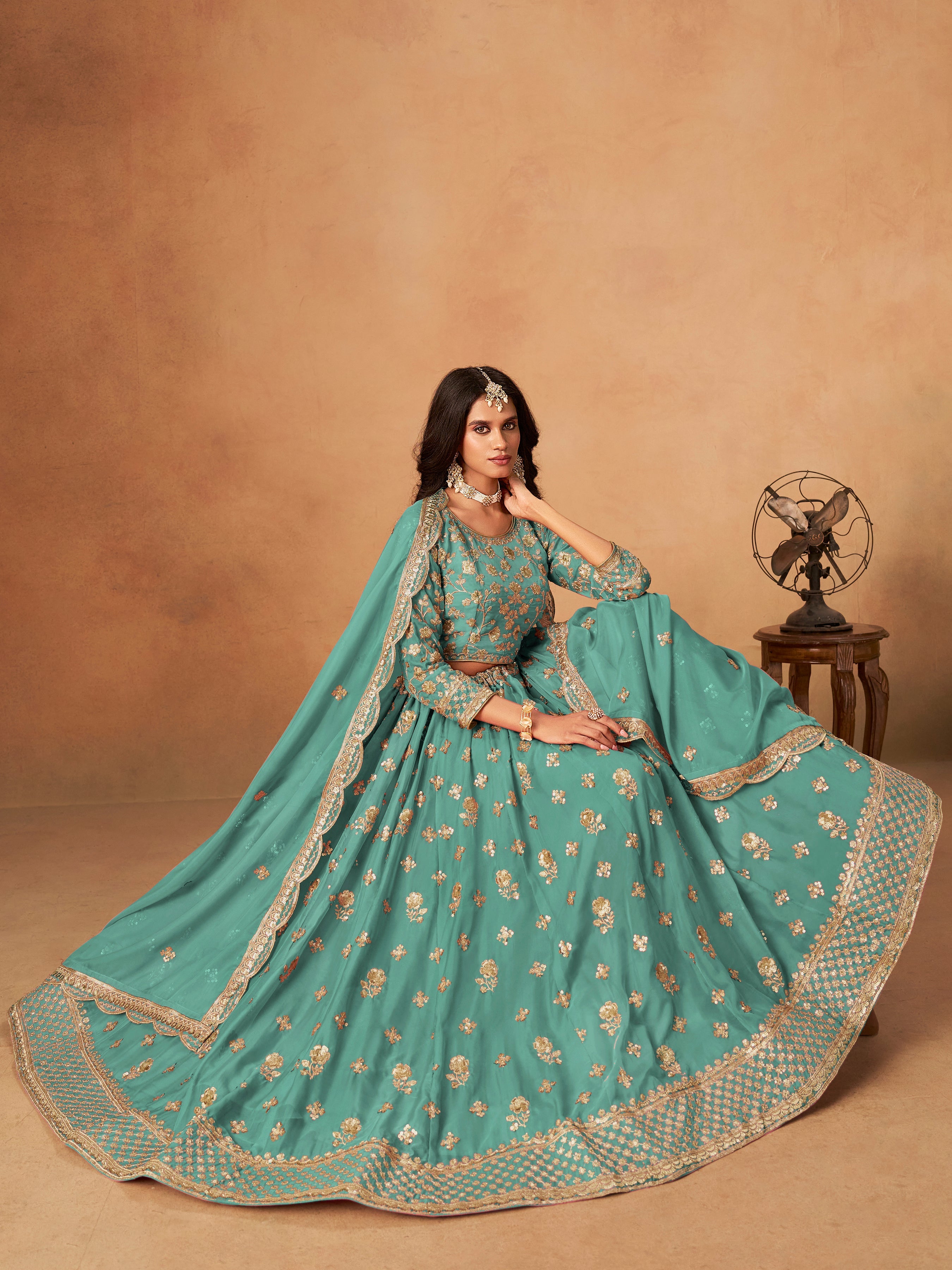 Embroidered Turquoise Organza Trendy Lehenga Choli