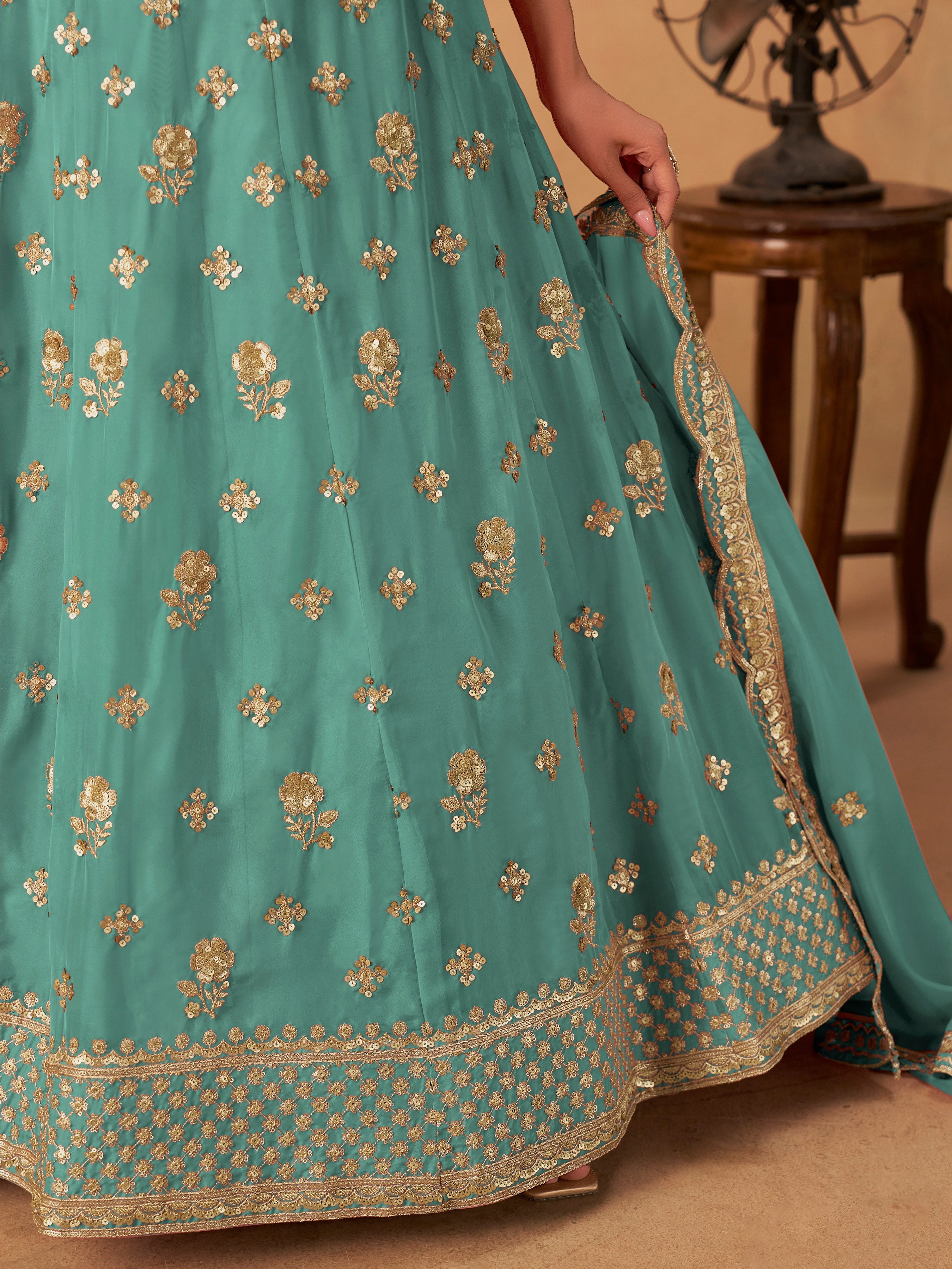 Embroidered Turquoise Organza Trendy Lehenga Choli