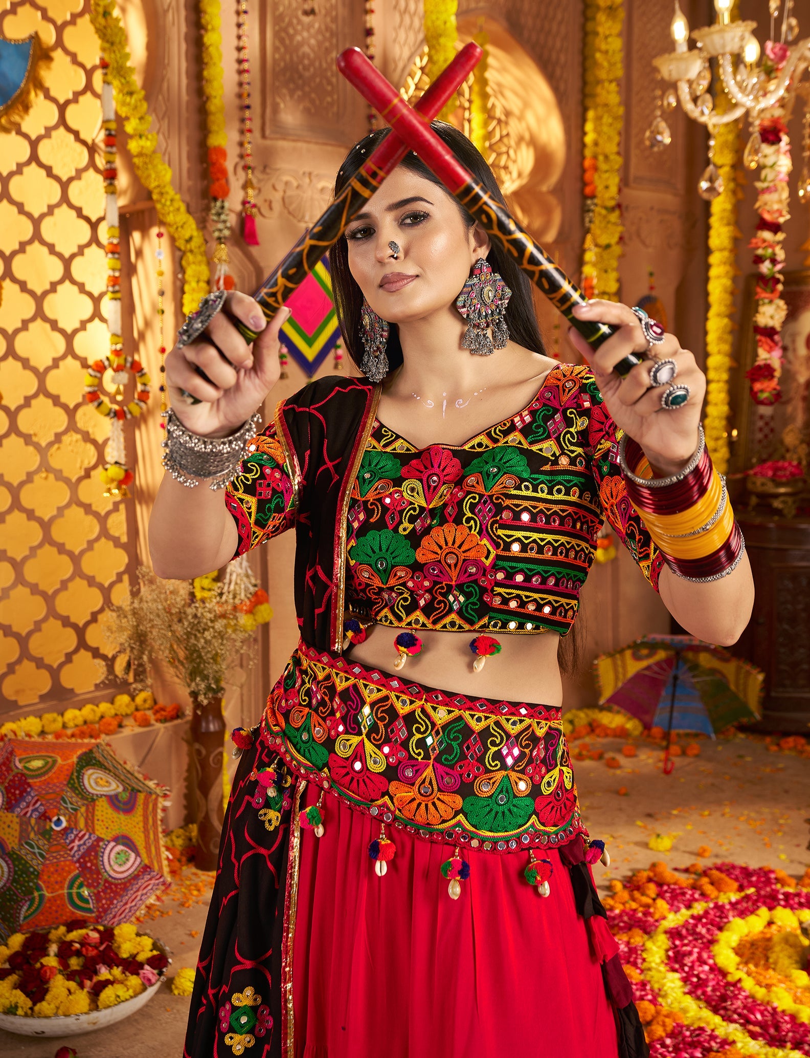 Embroidered Viscose Cotton Readymade Lehenga Choli in Black