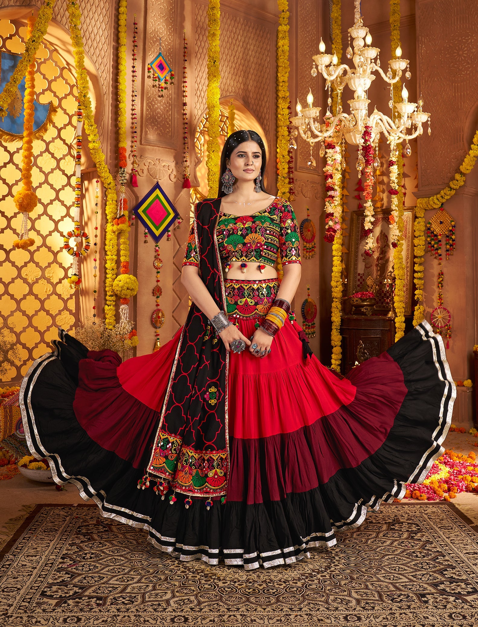 Embroidered Viscose Cotton Readymade Lehenga Choli in Black
