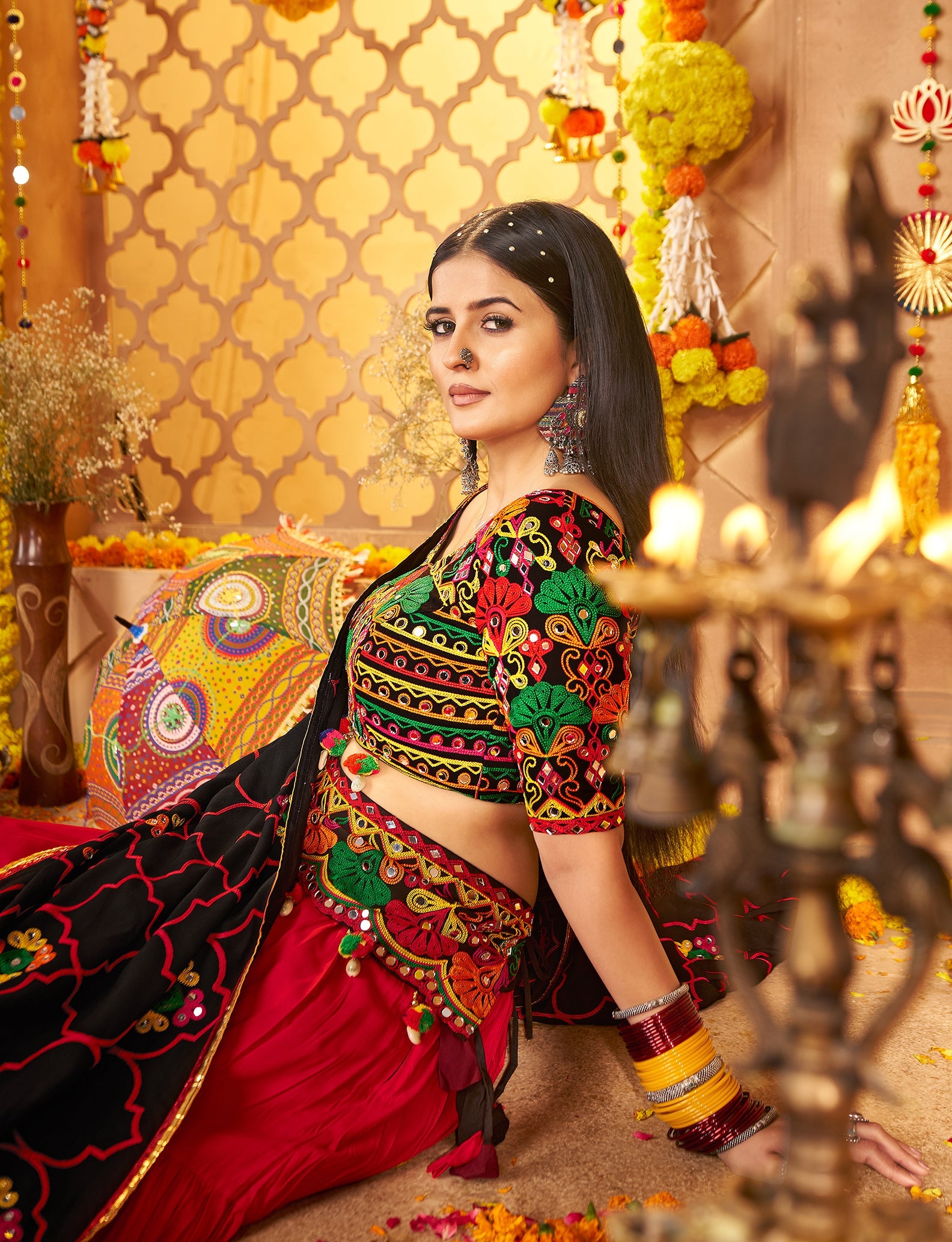 Embroidered Viscose Cotton Readymade Lehenga Choli in Black