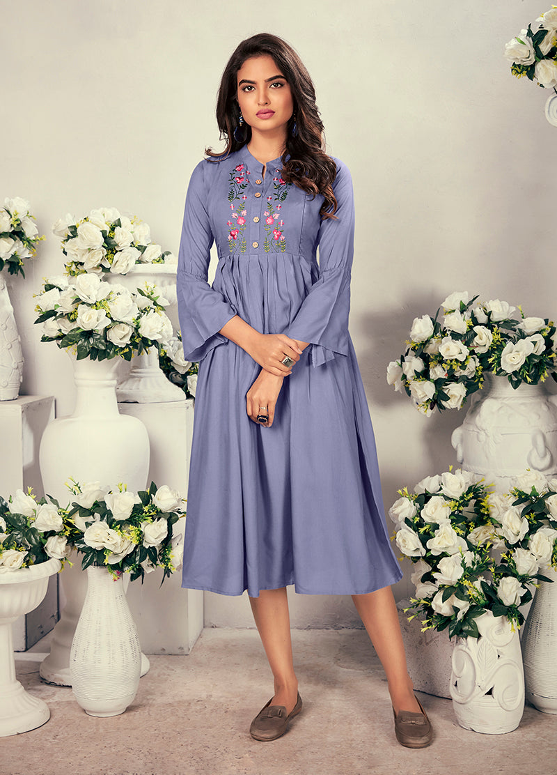 Fancy Festive Wear Lavender Color Rayon Fabric Thread Embroidered Kurti