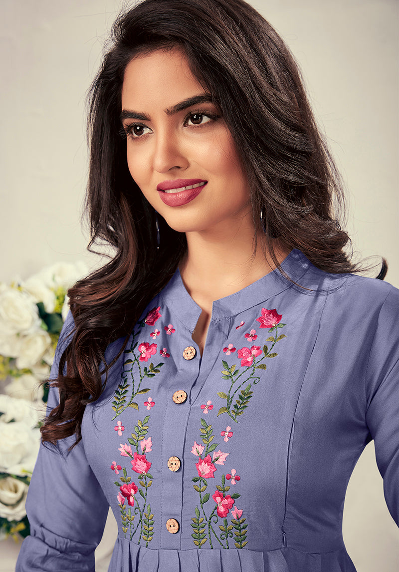 Fancy Festive Wear Lavender Color Rayon Fabric Thread Embroidered Kurti