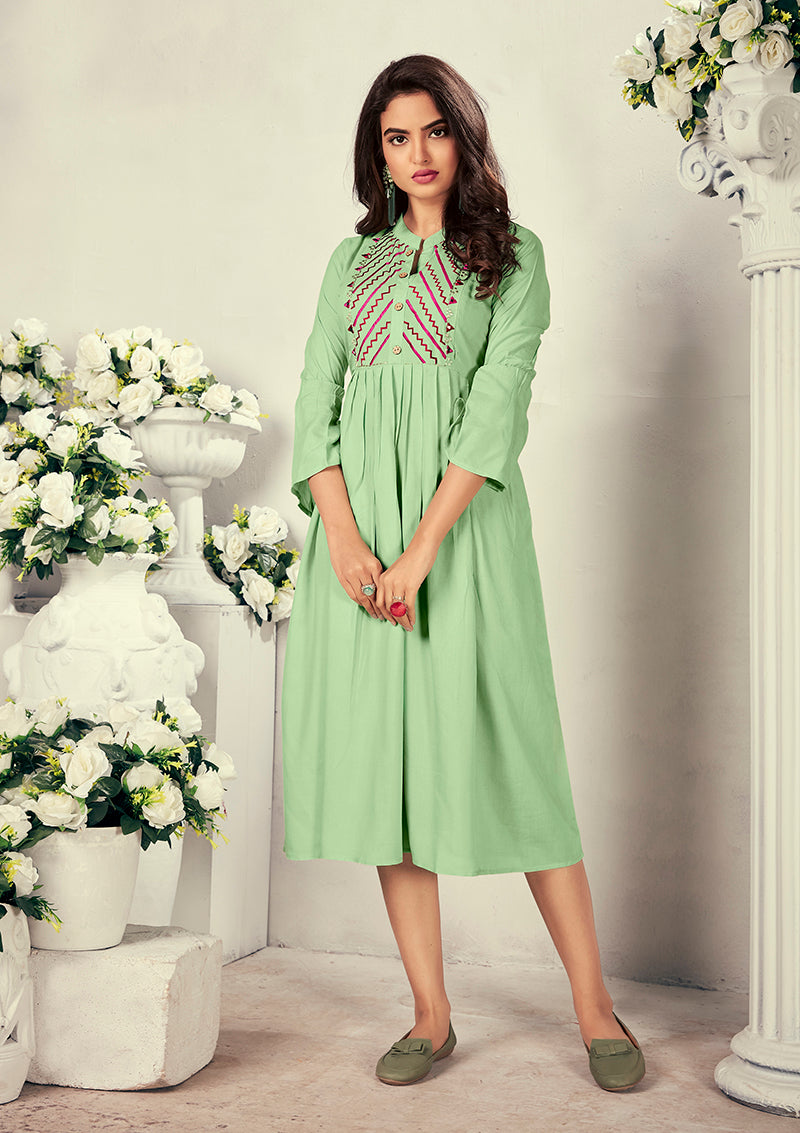 Fancy Festive Wear Pista Green Color Rayon Fabric Thread Embroidered Kurti