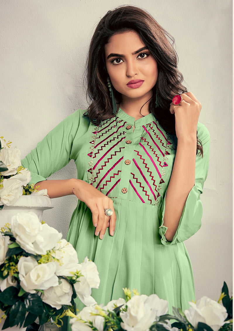 Fancy Festive Wear Pista Green Color Rayon Fabric Thread Embroidered Kurti