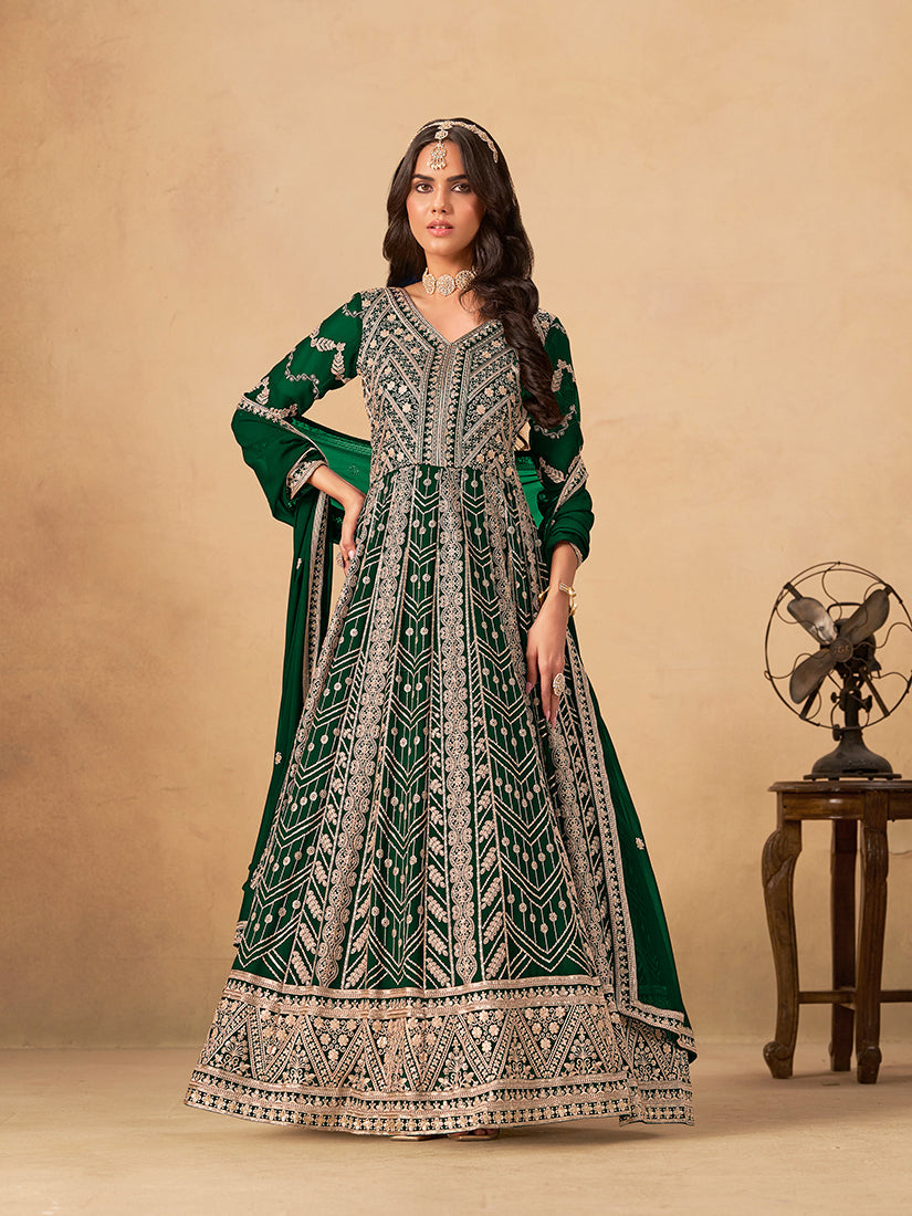 Faux Georgette Embroidered Dark Green Engagement Wear Anarkali Suit