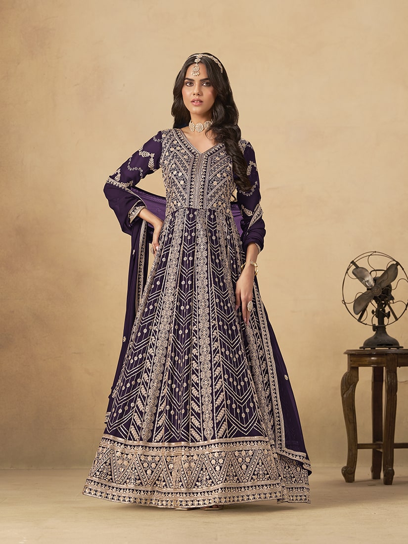 Faux Georgette Embroidered Dark Purple Engagement Wear Anarkali Suit