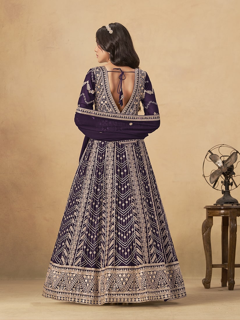 Faux Georgette Embroidered Dark Purple Engagement Wear Anarkali Suit