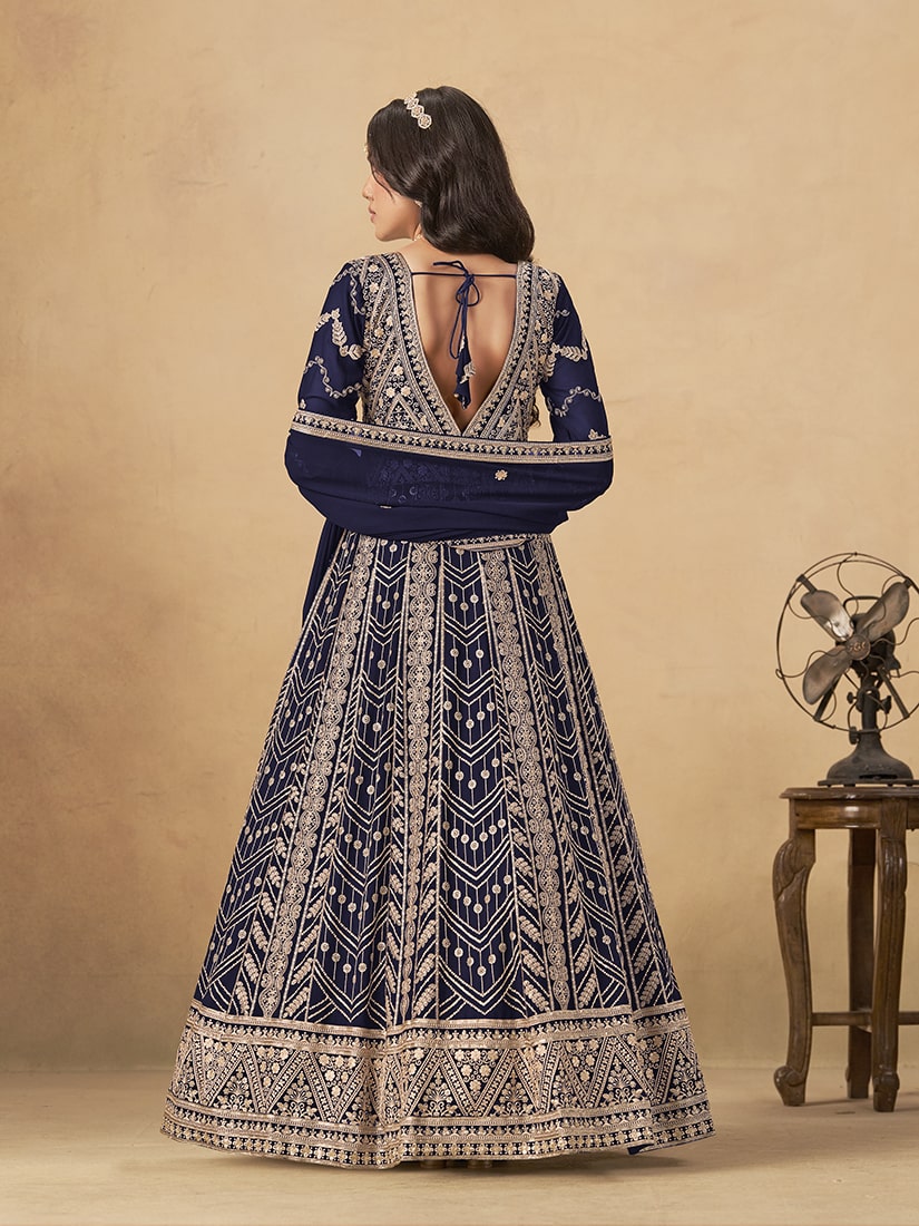 Faux Georgette Embroidered Navy blue Engagement Wear Anarkali Suit