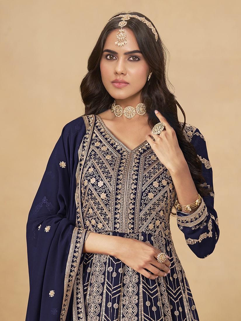 Faux Georgette Embroidered Navy blue Engagement Wear Anarkali Suit