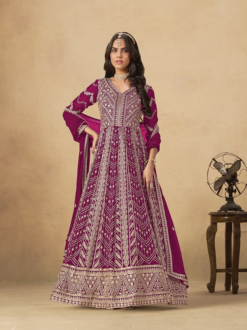 Faux Georgette Embroidered Rani Pink Engagement Wear Anarkali Suit