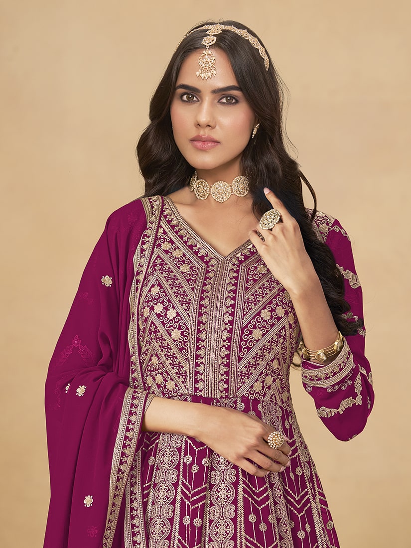 Faux Georgette Embroidered Rani Pink Engagement Wear Anarkali Suit
