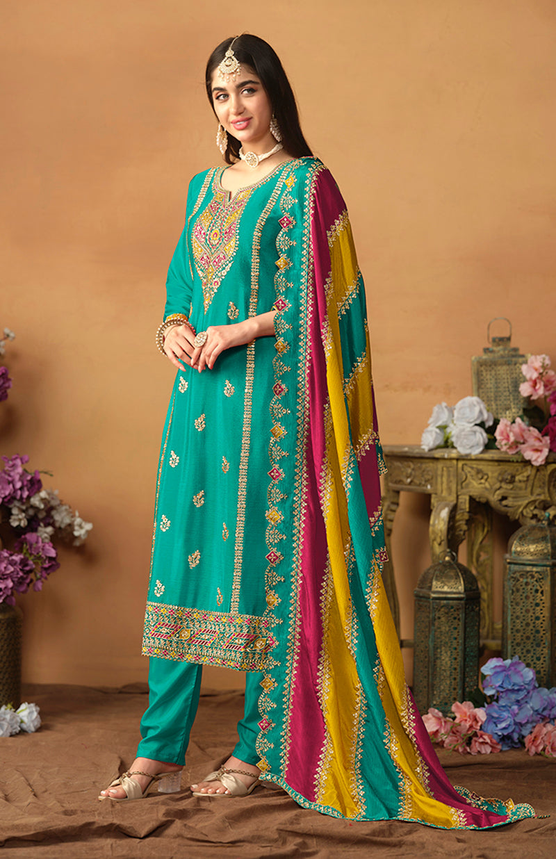 Turquoise Chinon Silk Embroidered Salwar Suit - Monjolika Fashion