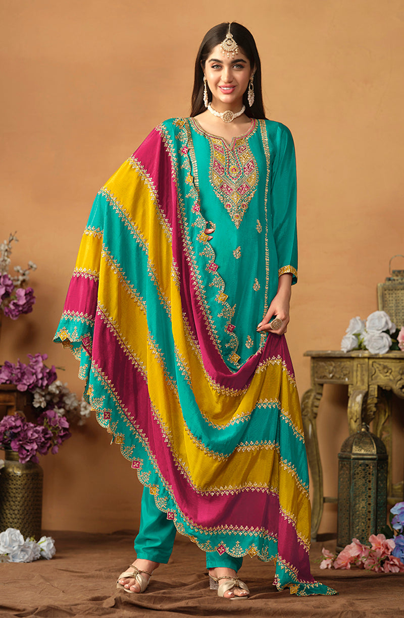 Turquoise Chinon Silk Embroidered Salwar Suit - Monjolika Fashion