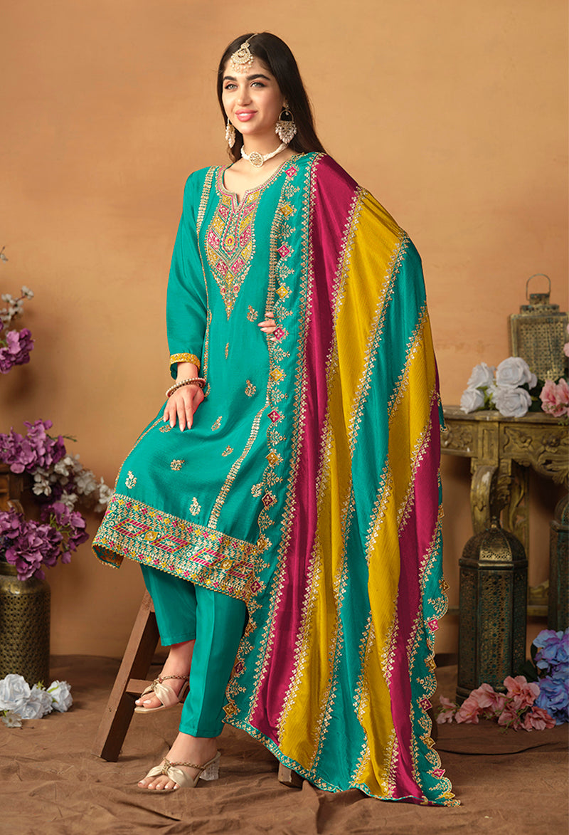 Turquoise Chinon Silk Embroidered Salwar Suit - Monjolika Fashion