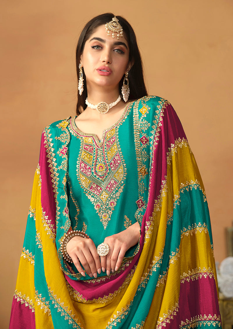 Turquoise Chinon Silk Embroidered Salwar Suit - Monjolika Fashion
